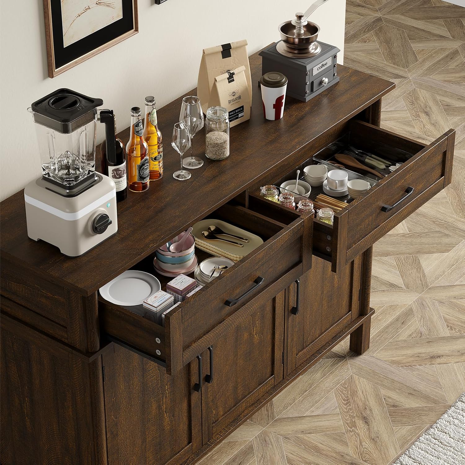 48" Brown Farmhouse Wood Sideboard Buffet Credenza with 4 Drawers & Adjustable Shelves, Coffee Bar Storage Cabinet for Kitchen Living Room Entryway