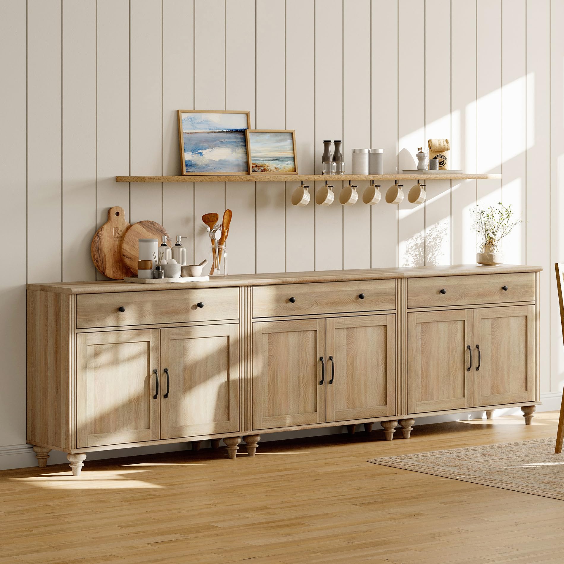 WAMAPT Buffet Cabinet with 4 Doors and 2 Drawers, Large Coffee Bar Table Wood Kitchen Storage Cabinets with Storage Cabinets, Modern Farmhouse Sideboard Credenza for Dining Room, Oak, 68 inch