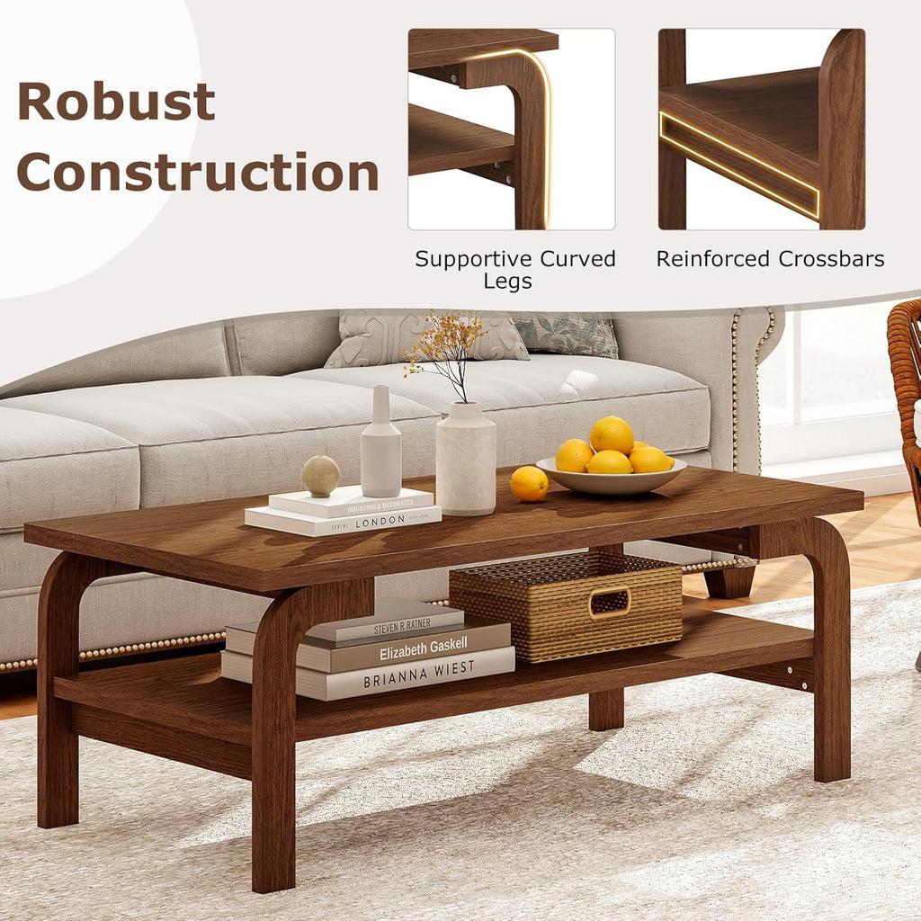 Giantex Mid Century Modern Coffee Table, 47" 2-Tier Center Table with Storage Shelf, Rectangular Vintage Cocktail Table w/Curved Legs & Large Tabletop, Wood Living Room Tables for Apartment, Walnut