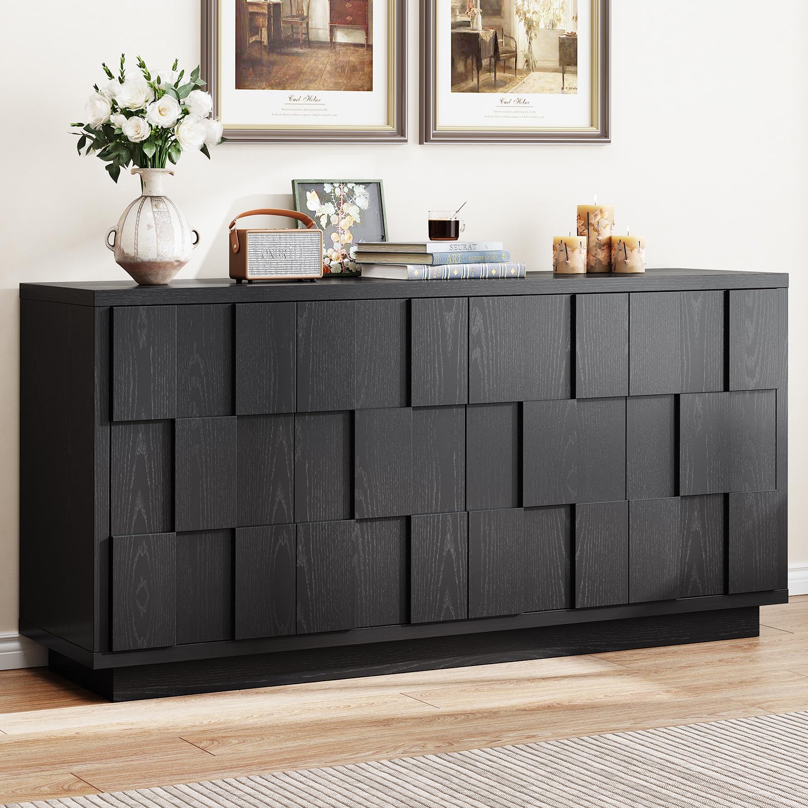 ONBRILL 60" Sideboard Buffet Cabinet with Storage, Irregular Panel Design Credenza Mid Century Farmhouse Coffee Bar Cabinet with 4 Doors & Adjustable Shelves for Living Room, Hallway (Rustic Brown)