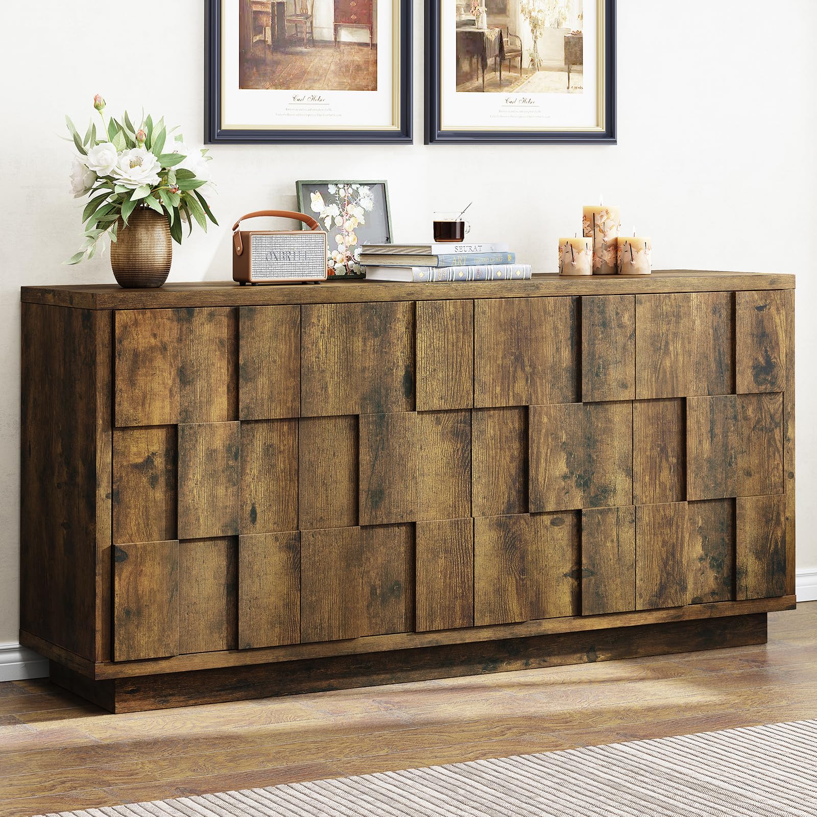 ONBRILL 60" Sideboard Buffet Cabinet with Storage, Irregular Panel Design Credenza Mid Century Farmhouse Coffee Bar Cabinet with 4 Doors & Adjustable Shelves for Living Room, Hallway (Rustic Brown)