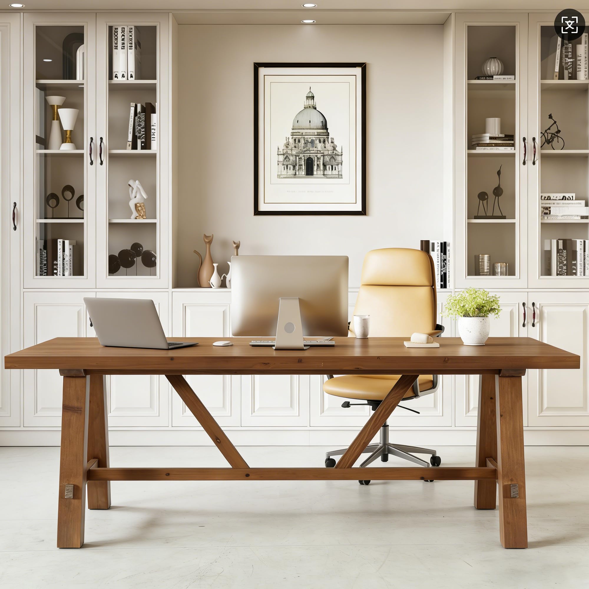 LITTLE TREE 63" Solid Wood Office Desk, Farmhouse Executive Computer Desk, Large Work Writing Table, Rustic Brown Home Office Workstaticon, Business Furniture
