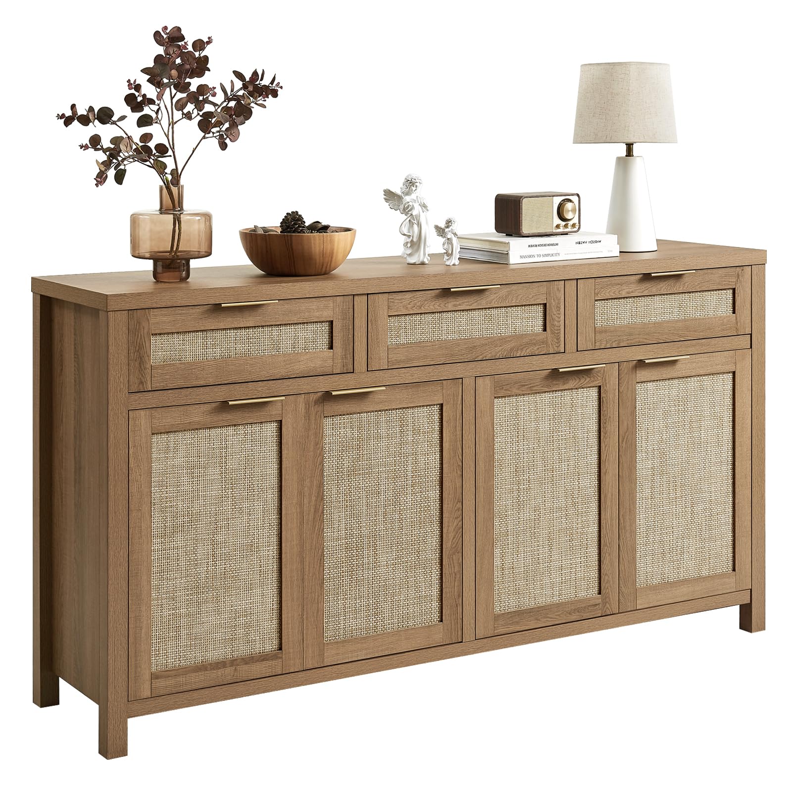 HOKYHOKY 63" Rattan Sideboard Buffet Cabinet, Boho Storage Cabinet with Adjustable Shelves, Farmhouse Credenza Coffee Bar Cabinets with 4 Doors & 3 Drawers for Living Room, Hallway & Kitchen