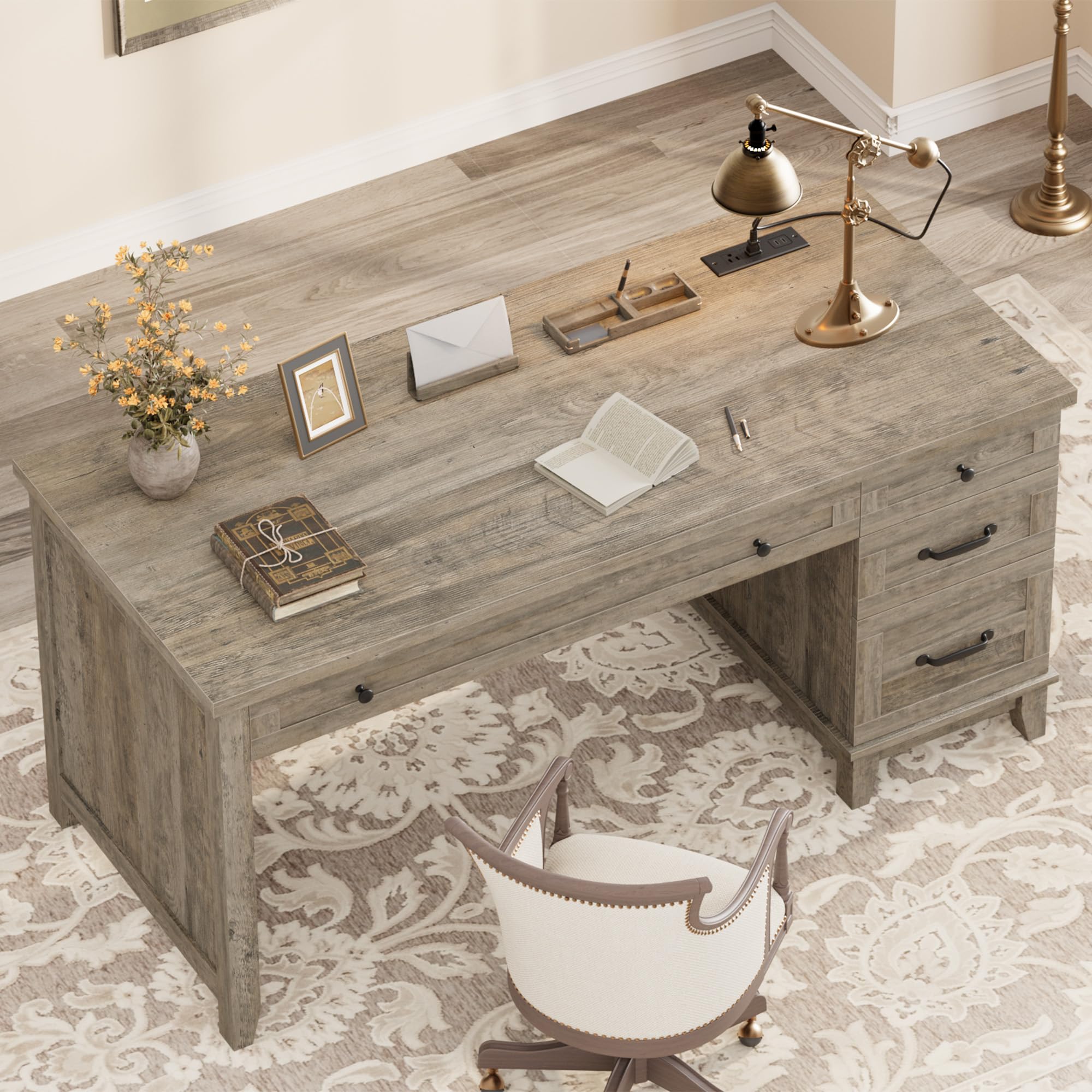 IDEALHOUSE 53.5" Farmhouse Computer Desk with Charging Station, Rustic Black Home Office Executive Desk, Wooden Workstation with File Cabinet Storage Drawers for Writing & Study, Rustic Brown
