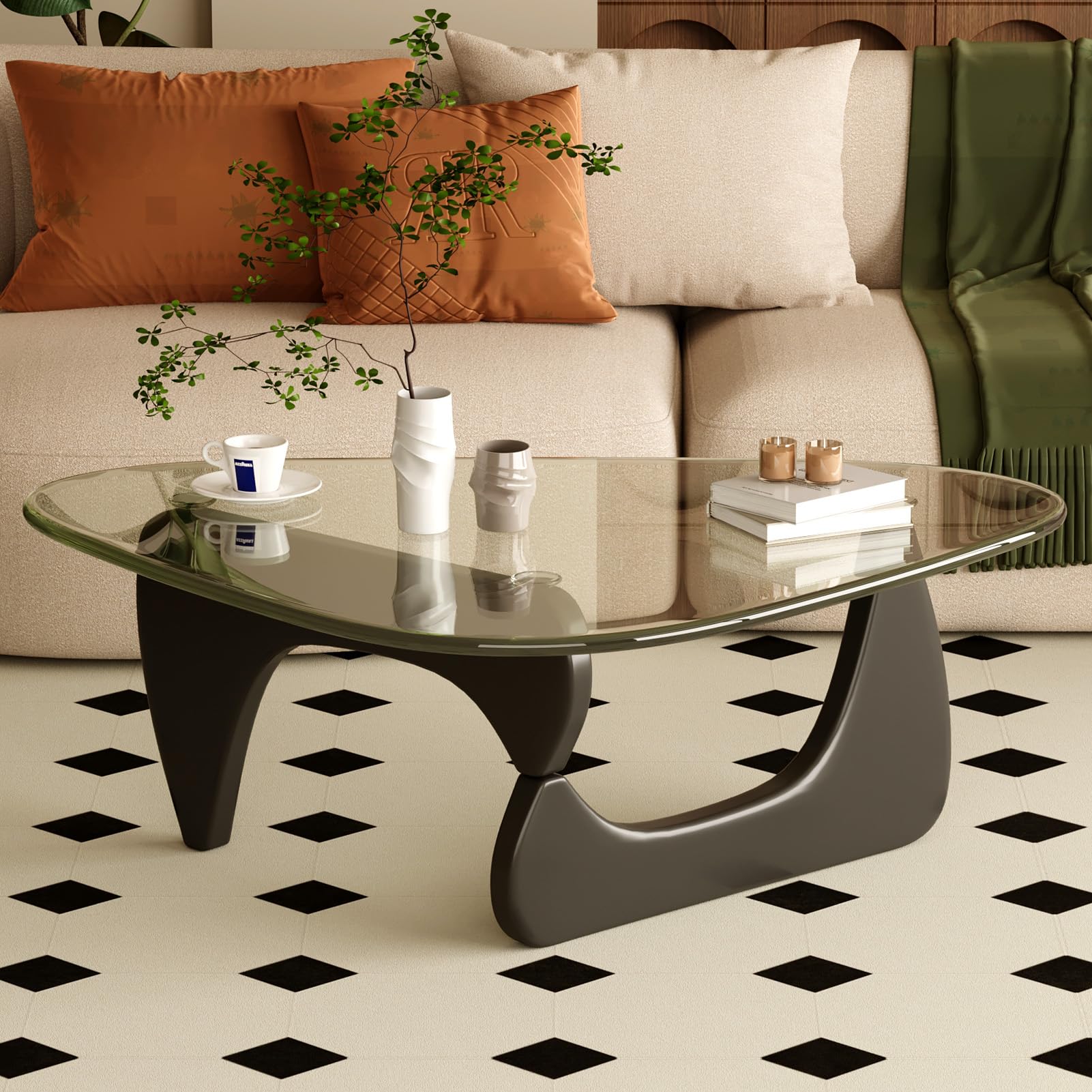 Coffee Table for Living Room Mid Century Modern Center Table with Glass Top and Wood, 32 Inch, Brown/Walnut