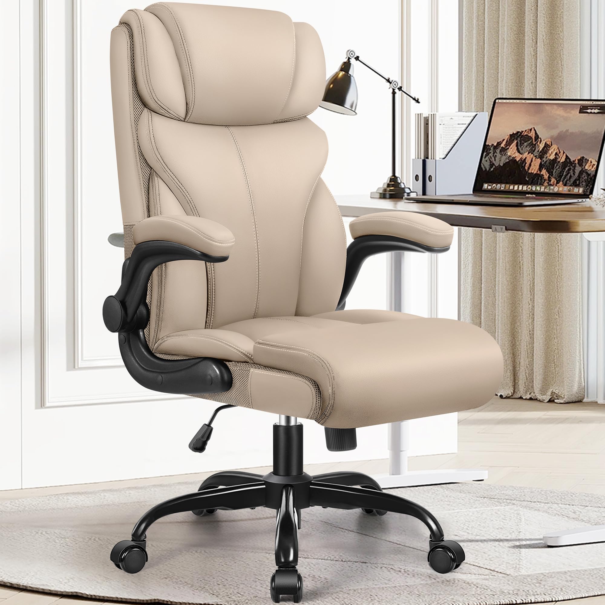 HeroSet Office Chair, Ergonomic Big and Tall Computer Desk Chairs, Executive Breathable Leather Chair with Adjustable Flip-up Armrests, Lumbar Support Swivel PC Chair with Rocking Function,Matte Black