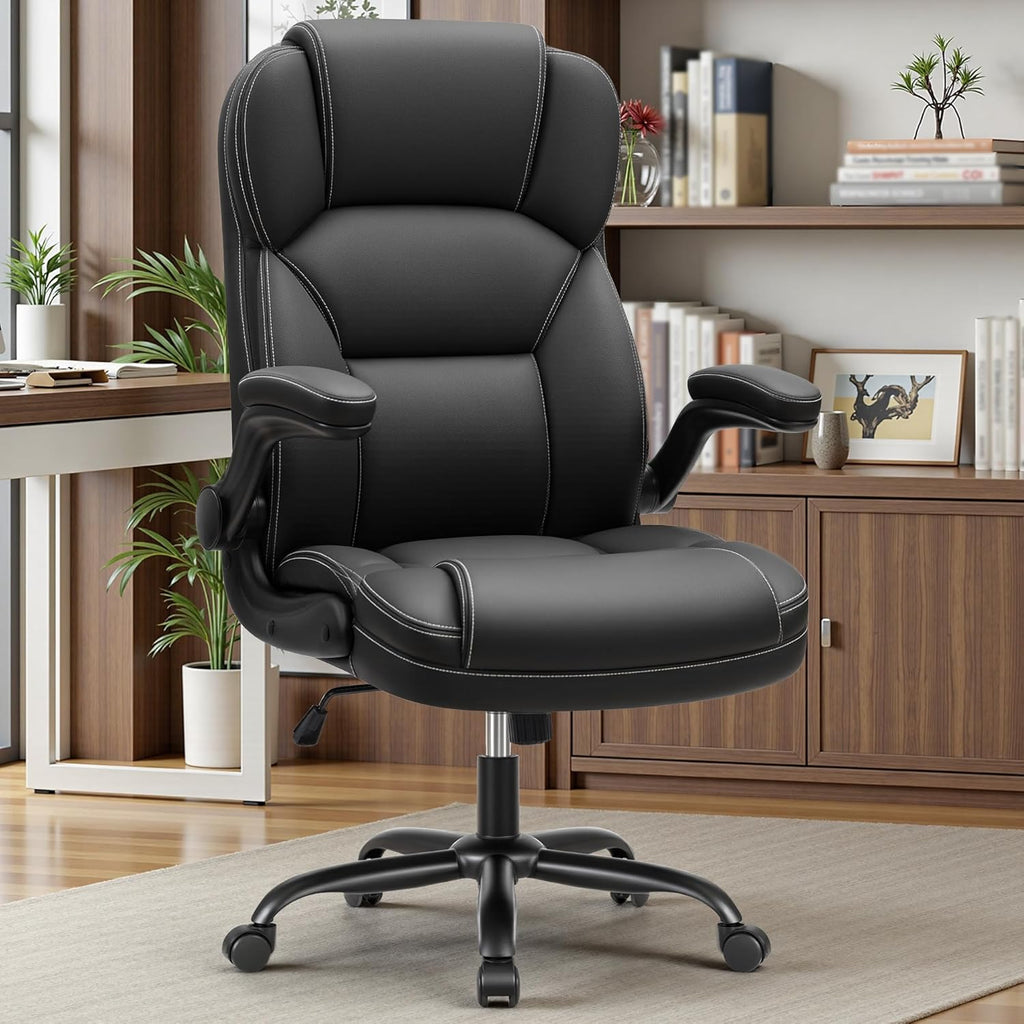 PU Leather Office Chair, Ergonomic High-Back Desk Computer & Gaming Chair with Adjustable Height, Rolling Swivel & Flip-Up Armrests, Comfy Padded Seat for Home Office-Black