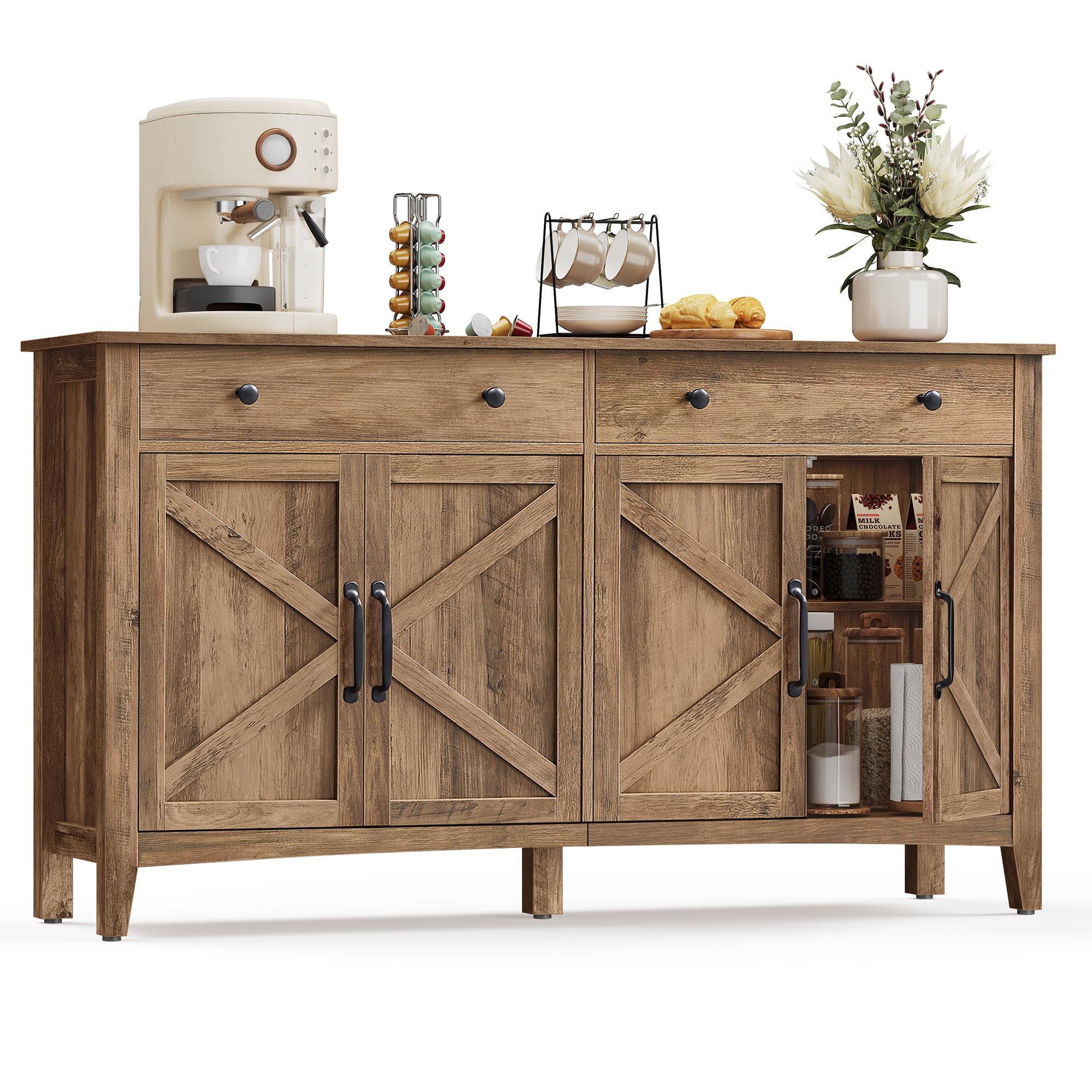 VASAGLE LIRY Collection - Buffet Cabinet, Coffee Bar Cabinet with 2 Drawers, Adjustable Shelves, Sideboard Storage with Cable Holes, Drawer Dividers, Rustic White and Honey Brown UBBK381W01