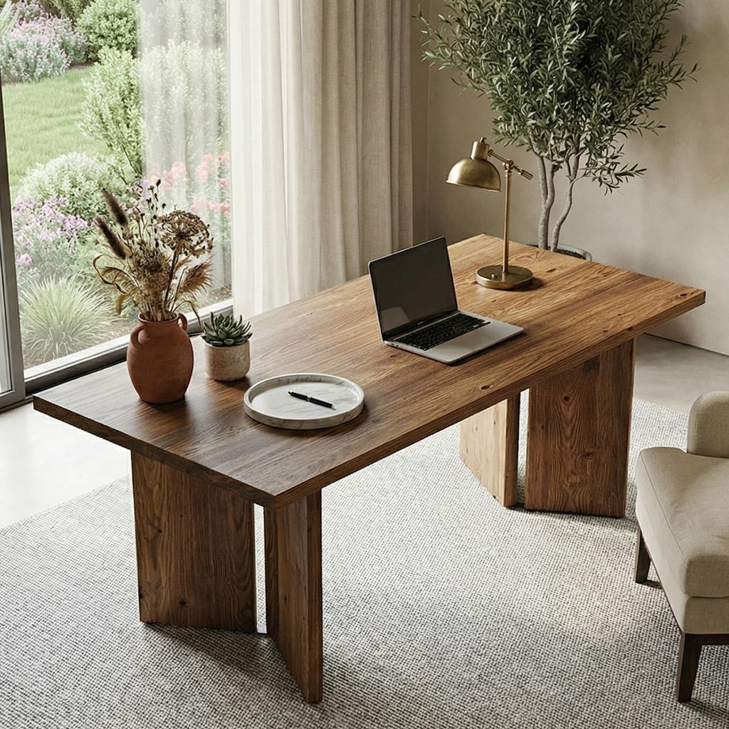 LITTLE TREE 63" Long Large Wood Desks, Solid Wood Office Desk, Farmhouse Executive Computer Desk, Home Office Workstaticon, Work Writing Table, Rustic Brown