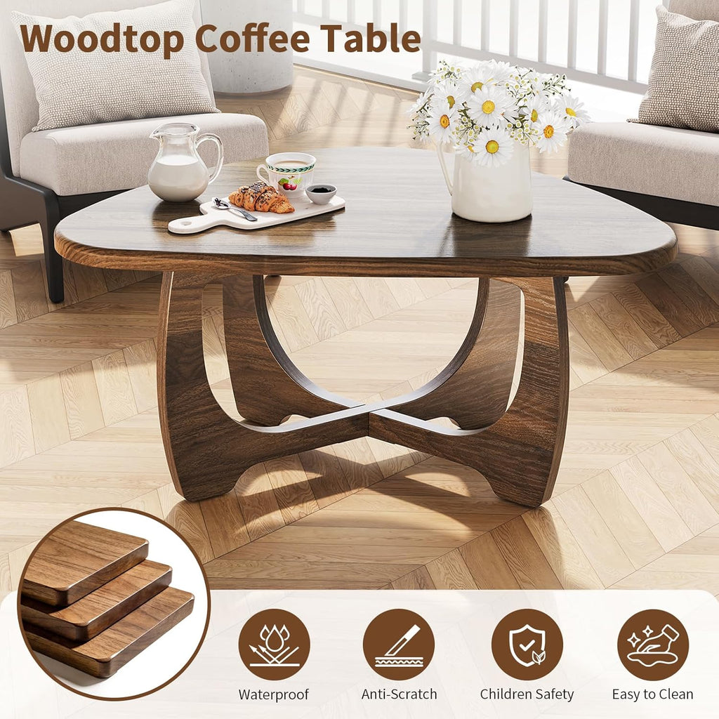 Coffee Table for Living Room - Mid Century Modern Coffee Tables with Triangle Top, Unique Small Round Coffee Table, Wood Oval Tea Table with Solid Legs for Bedroom, 35.8"x 22.5" x 16.2" Walnut