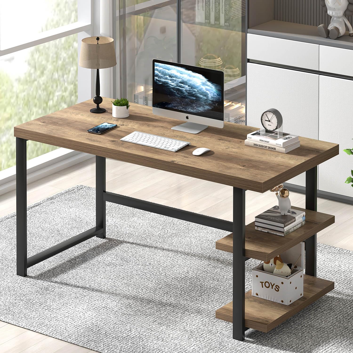 FOLUBAN Computer Desk, Modern Home Office Desk with Storage Shelves, Writing Study Gaming Table for Living Room Bedroom, Rustic Oak, 53 Inch