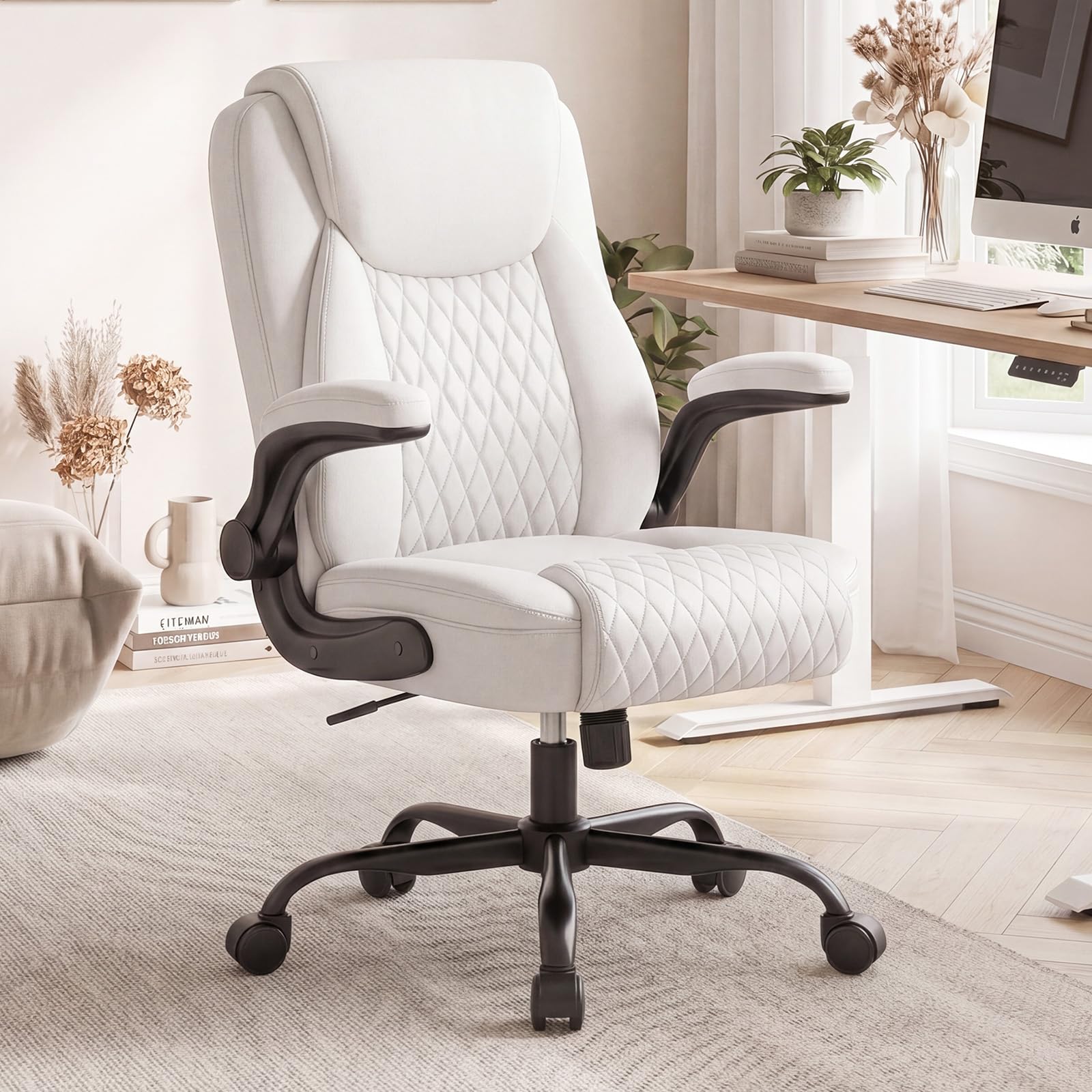 Mid-Back Leather Ergonomic Office Gaming Chair with Adjustable Armrests, Rolling Swivel Desk Chair for Short Adults