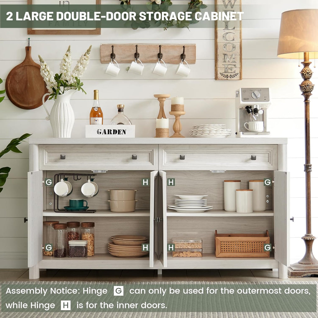 Standifurno Farmhouse Sideboard Buffet Cabinet with Drawers, 59" Large Credenza Kitchen Storage Cabinets with Shelves & 4 Doors, Wood Rustic Coffee Bar Console Table for Living Room, White