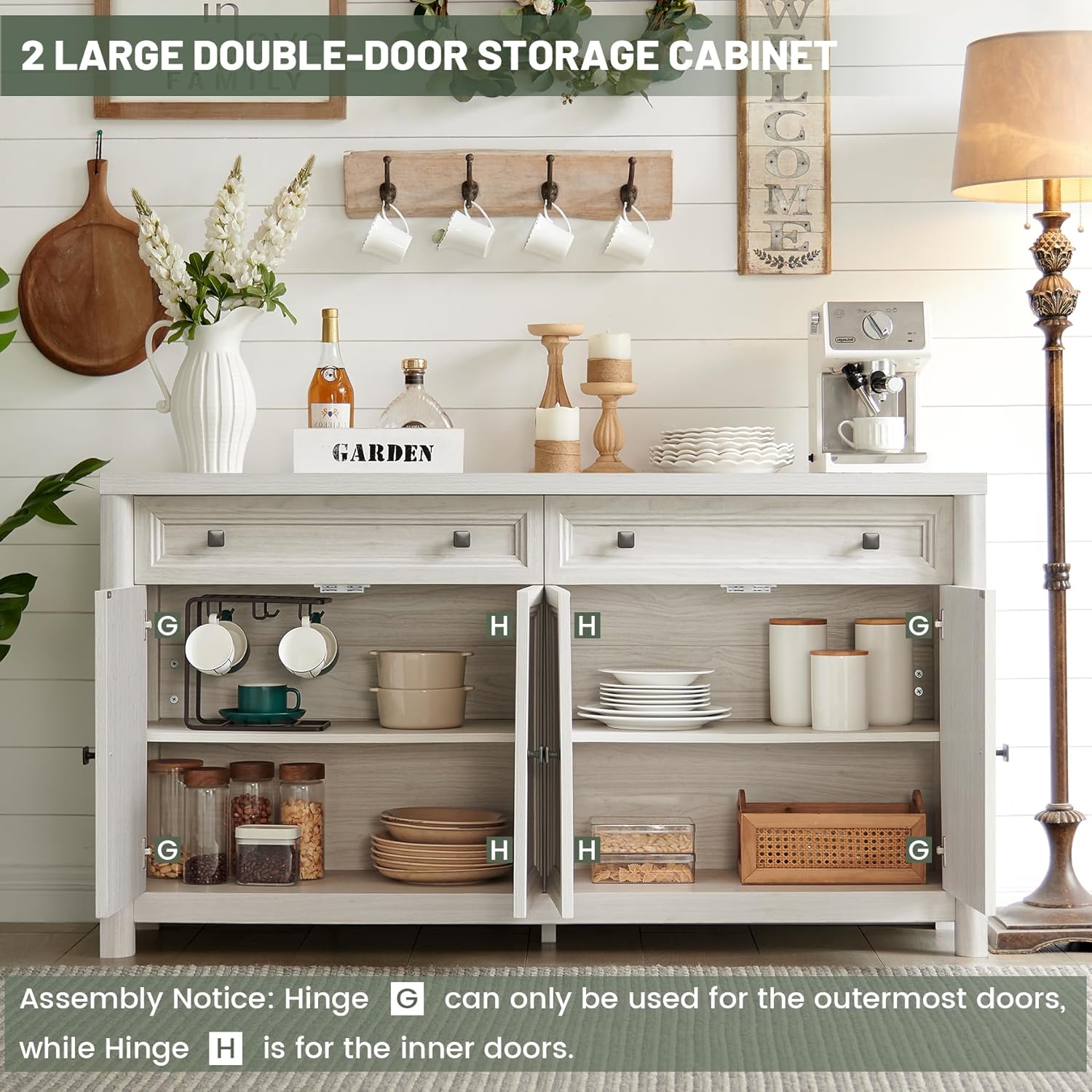 Standifurno Farmhouse Sideboard Buffet Cabinet with Drawers, 59" Large Credenza Kitchen Storage Cabinets with Shelves & 4 Doors, Wood Rustic Coffee Bar Console Table for Living Room, White