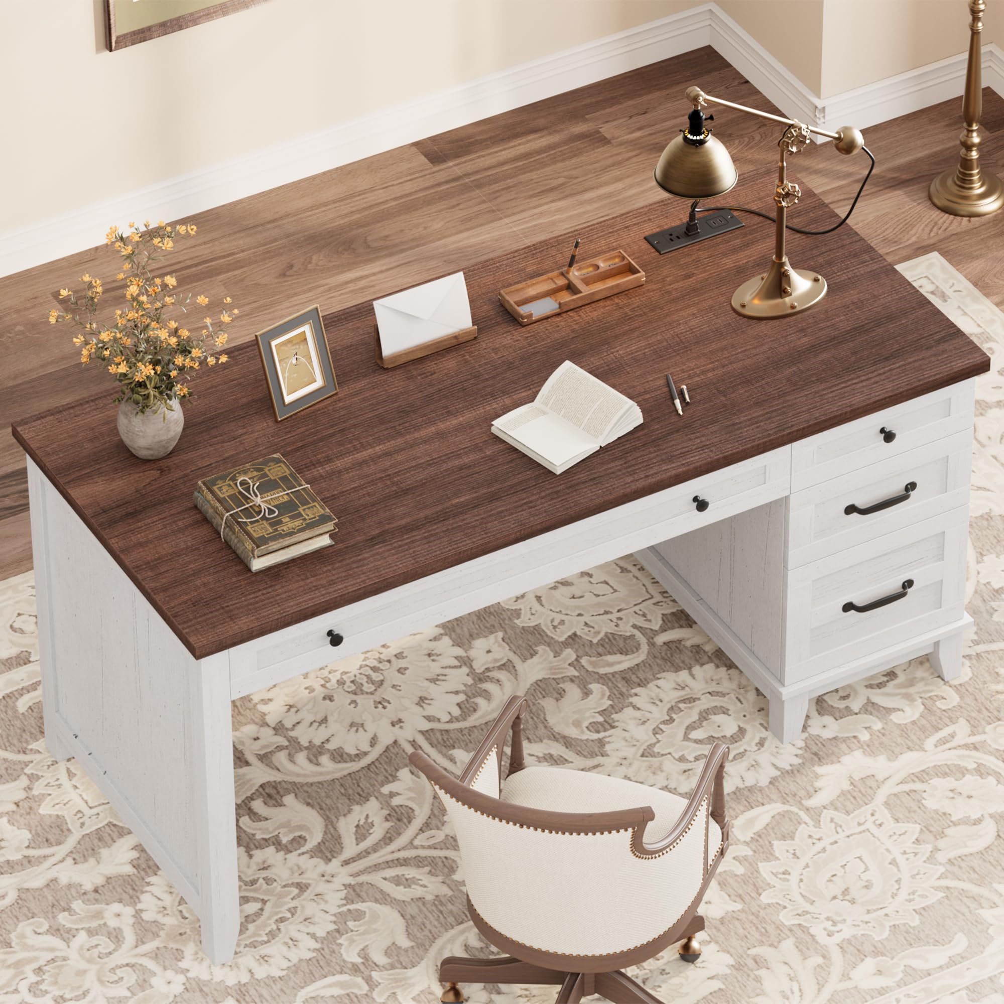 IDEALHOUSE 53.5" Farmhouse Computer Desk with Charging Station, Rustic Black Home Office Executive Desk, Wooden Workstation with File Cabinet Storage Drawers for Writing & Study, Rustic Brown