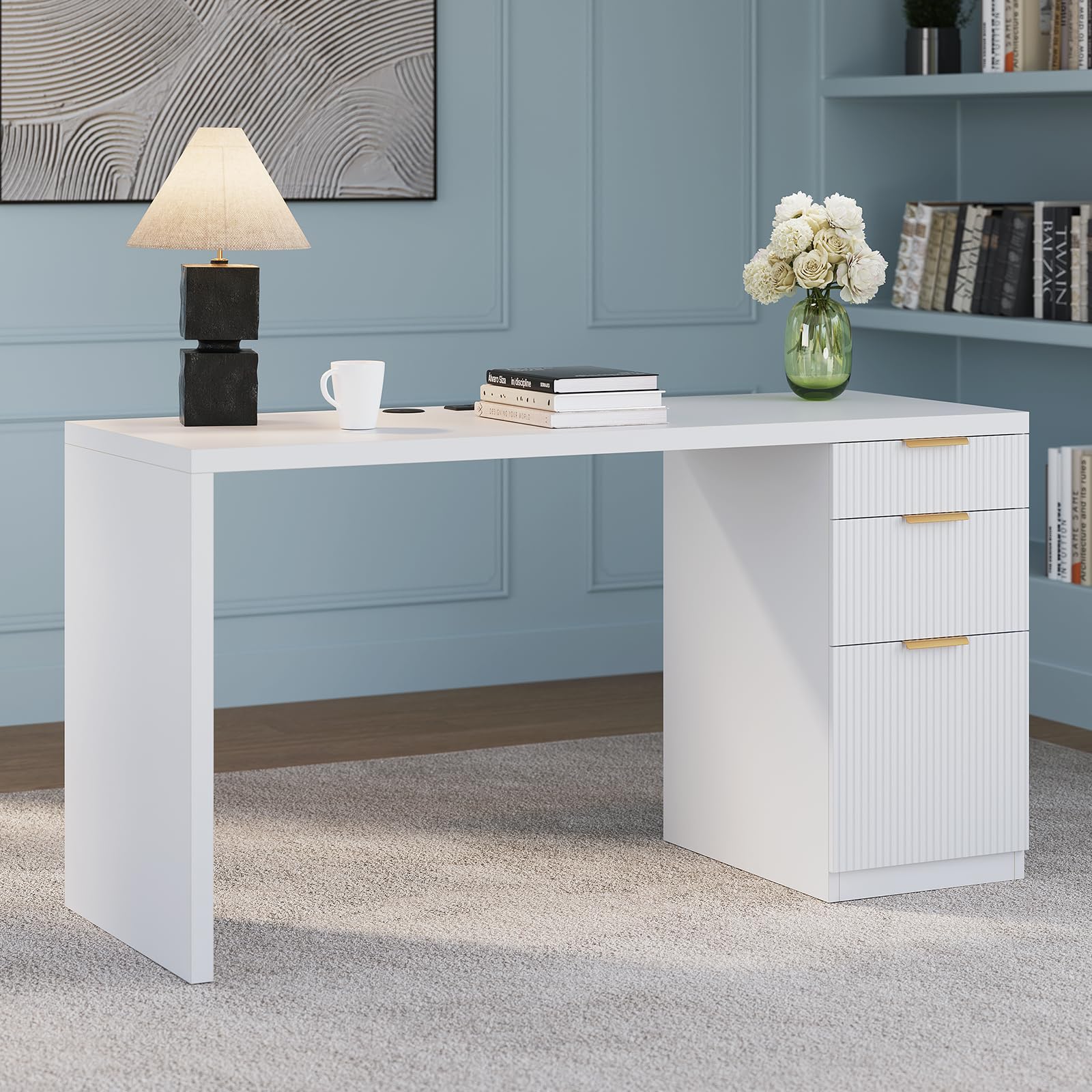 FURSUN 58" Home Office Desk with Power Outlet & File Cabinet, Modern Fluted Executive Desk with 3 Storage Drawers, Large Computer Workstation for Study & Bedroom, Natural Oak