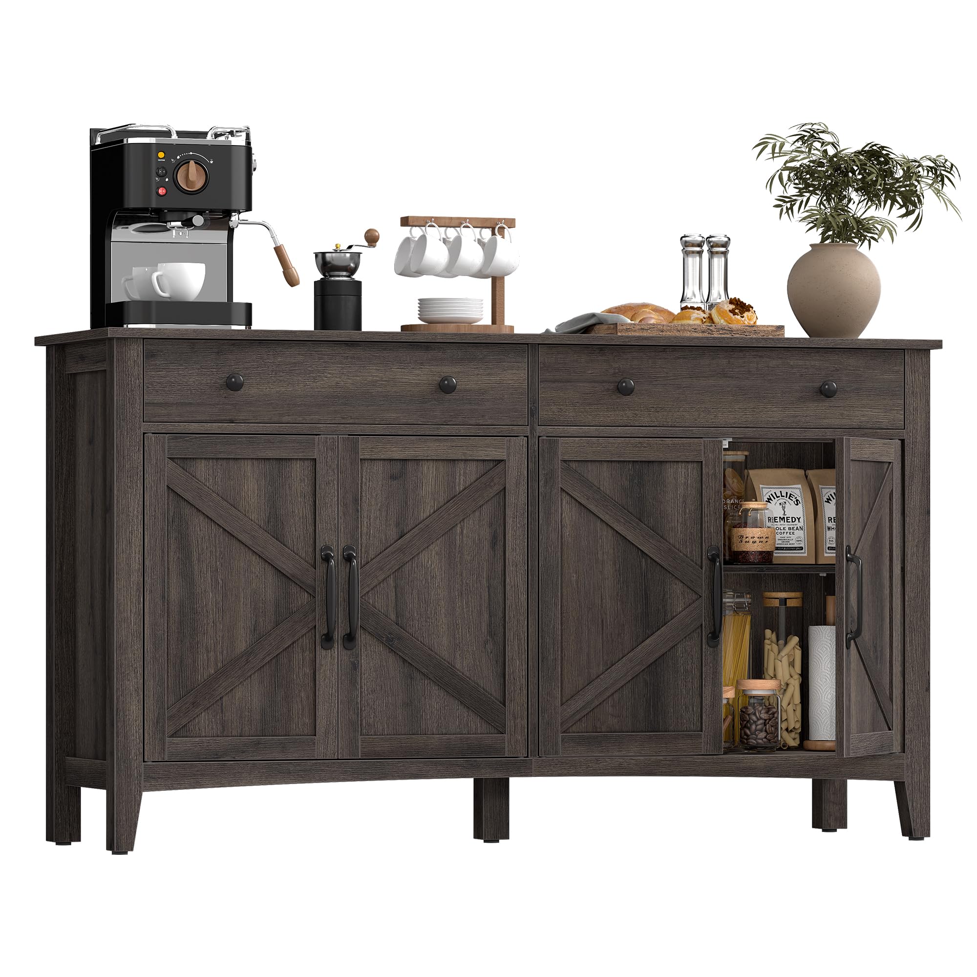VASAGLE LIRY Collection - Buffet Cabinet, Coffee Bar Cabinet with 2 Drawers, Adjustable Shelves, Sideboard Storage with Cable Holes, Drawer Dividers, Rustic White and Honey Brown UBBK381W01