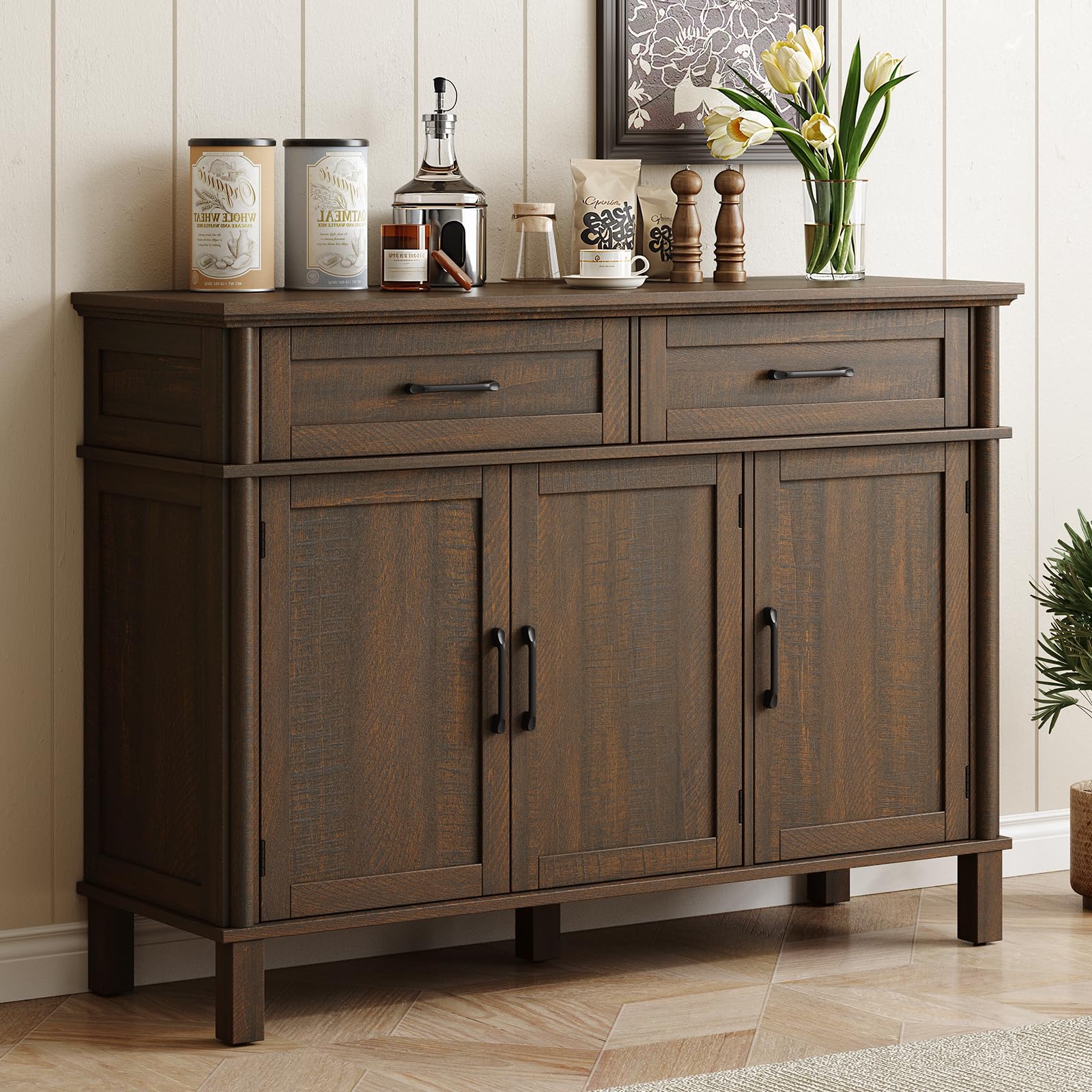 48" Off White Farmhouse Sideboard Buffet Cabinet with 2 Drawers, 3 Doors & Adjustable Shelves, Wood Storage Coffee Bar for Kitchen Living Room