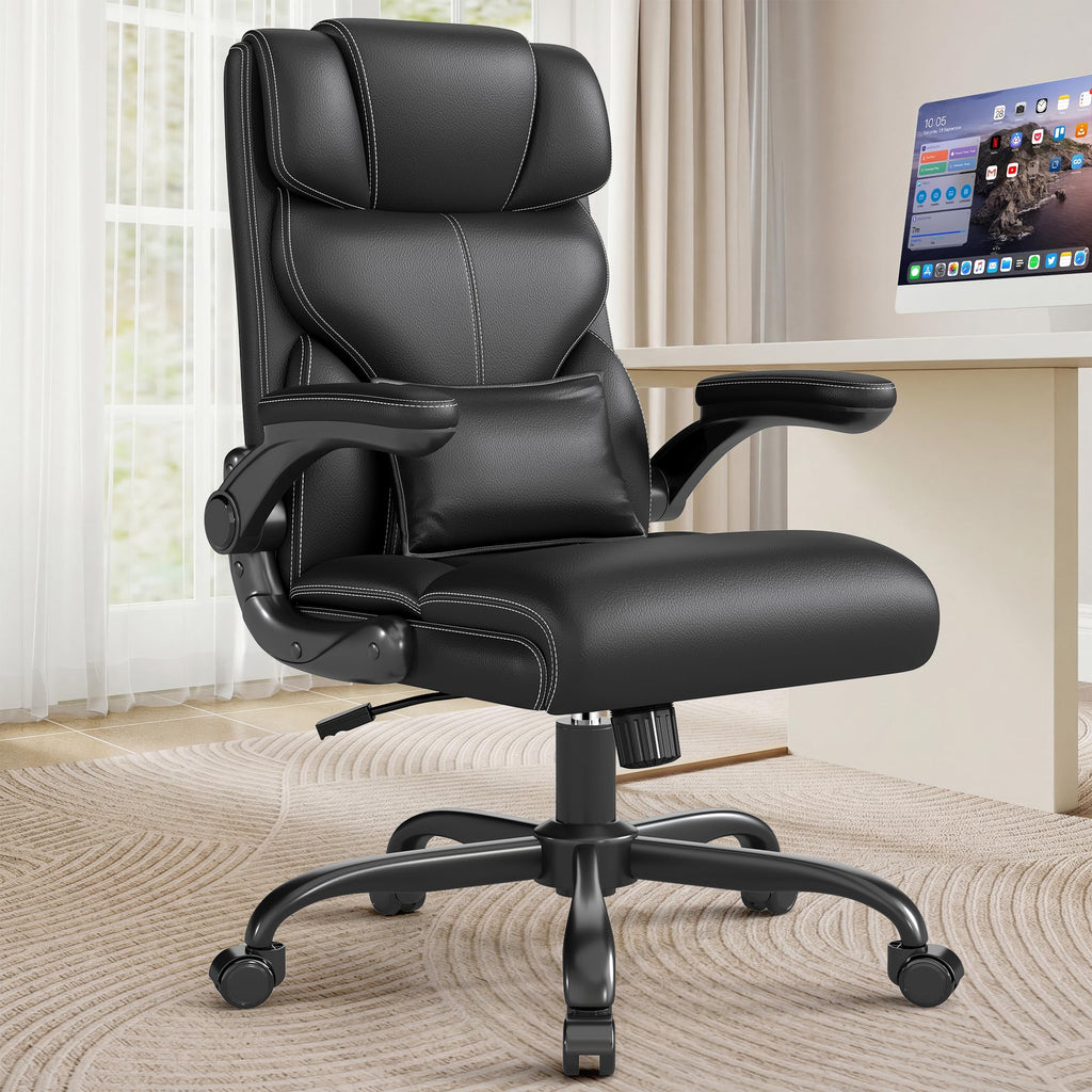 Executive Office Chair with Flip-up Armrests,Ergonomic Computer Desk Chairs,Mid-Tall Back Leather Office Chair,Lumbar Support Swivel PC Chair with Rocking Function