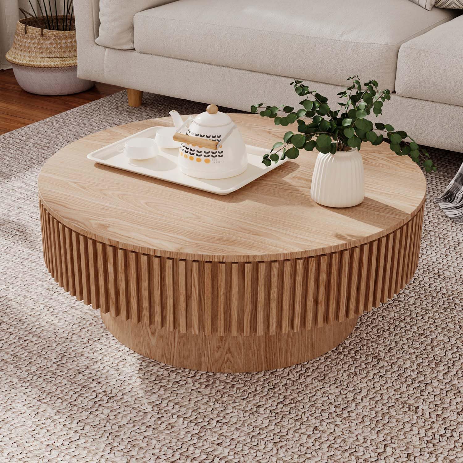 31" Round Coffee Table for Living Room, Mid Century Modern Coffee Table with Sturdy Pedestal, Circle Center Table Accent Tea Table for Apartment Walnut