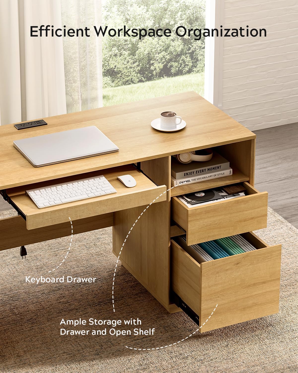 EYYTHUNG Home Office Desk, 47" Farmhouse Executive Desk with File Drawer & Outlet, Wood Computer Desks with Keyboard Tray, Workspace for Study Writing, Natural Oak