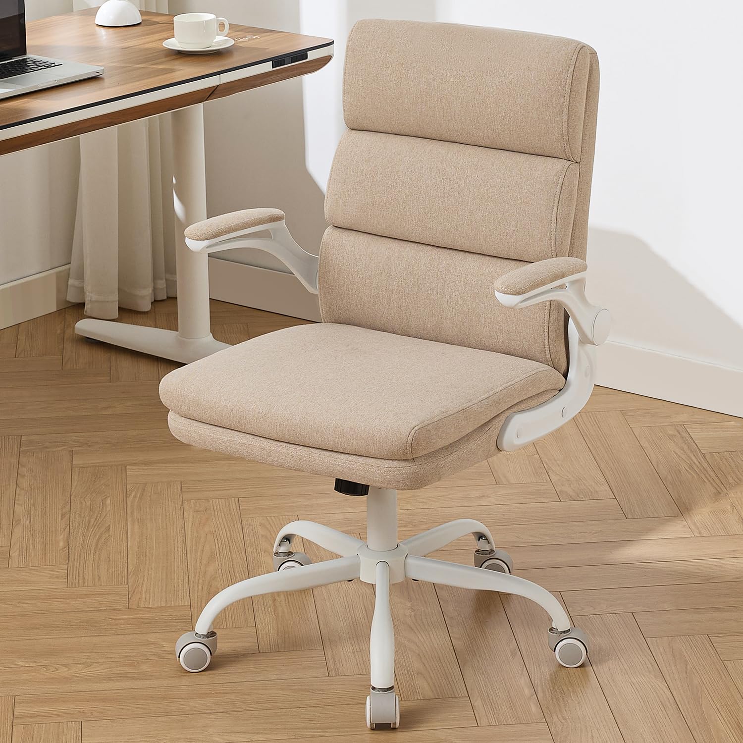 Office Chair Adjustable Desk Chair Mid Back Executive Comfortable Bonded Leather Ergonomic Back Support Home Computer Chairs with Padded Flip-up Armrest Swivel Wheels (Tan)