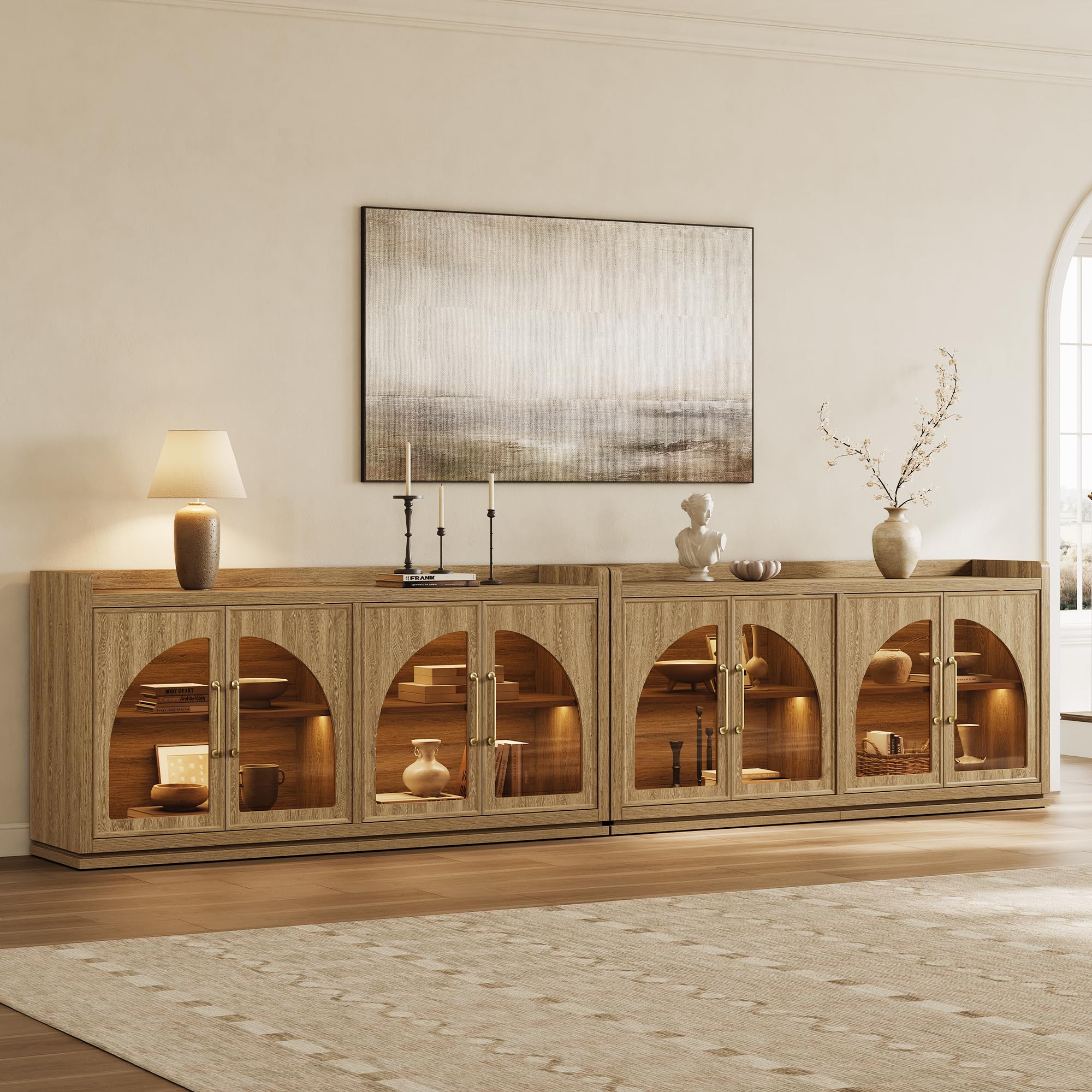 SICOTAS Sideboard Buffet Cabinet with Storage and LED Lights-Farmhouse Large Credenza Storage Cabinet with Arch Glass Doors, Adjustable Shelves, 61.7" Media Console Coffee Bar Cabinet, Grey White Oak