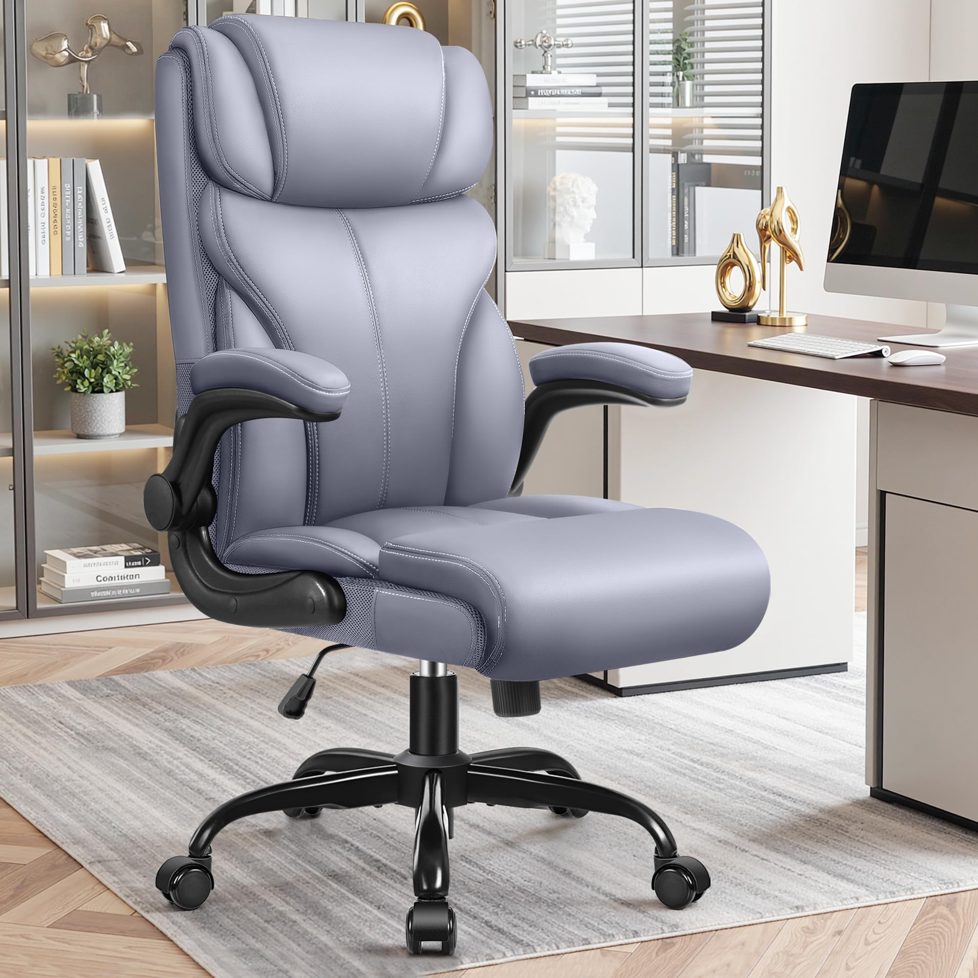 Primy Office Chair, Ergonomic Leather Desk Chair with Flip-up Armrests, Big and Tall High Back Executive Computer & Gaming Chair with Footrest, Comfy Padded, Rocking Function and Lumbar Support(Black)