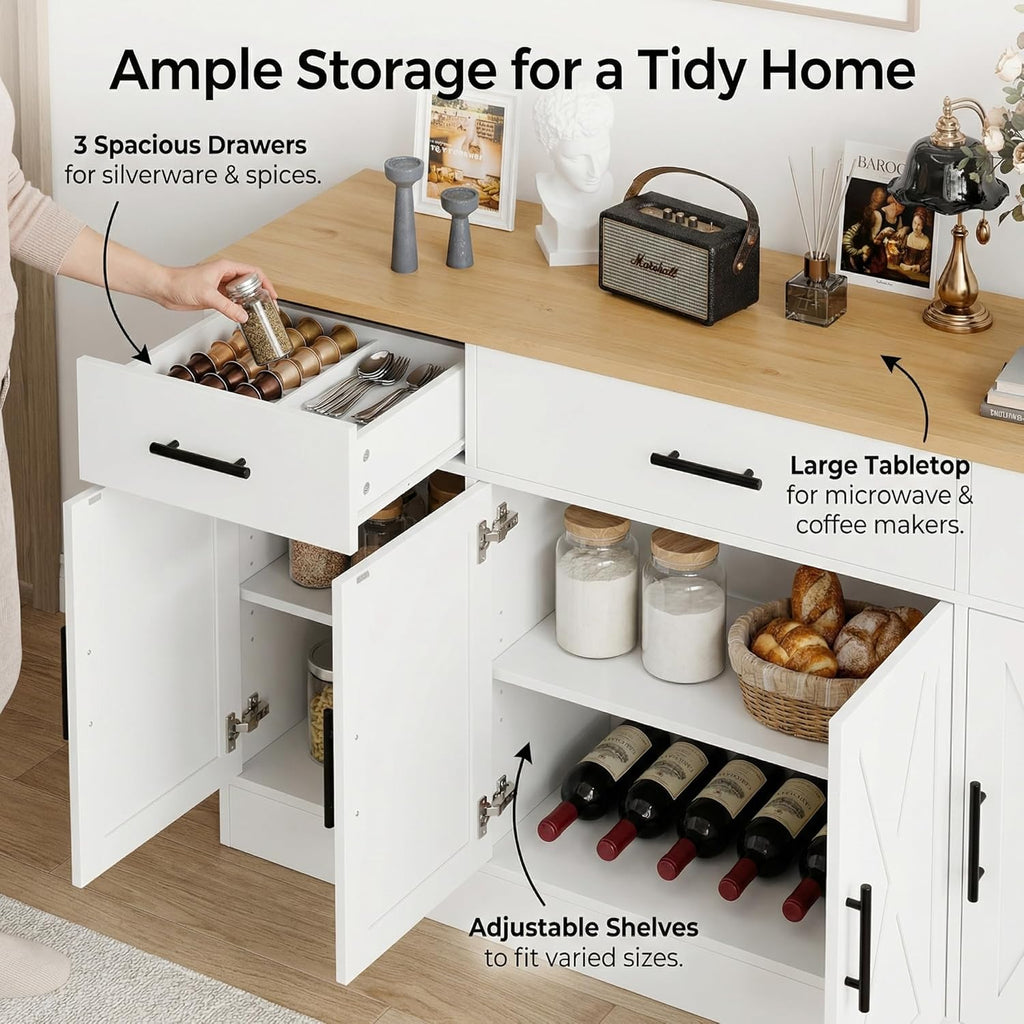 SUNLEI Kitchen Buffet Sideboard Cabinet, Wooden Storage with 4 Doors and 3 Drawers, Adjustable Shelf, Modern Farmhouse Coffee Bar Cabinet with Storage for Kitchen/Laundry/Living Room, Ivory