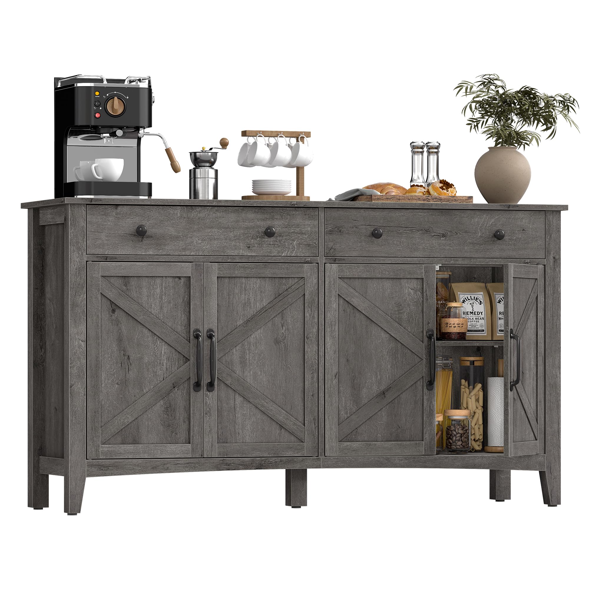 VASAGLE LIRY Collection - Buffet Cabinet, Coffee Bar Cabinet with 2 Drawers, Adjustable Shelves, Sideboard Storage with Cable Holes, Drawer Dividers, Rustic White and Honey Brown UBBK381W01