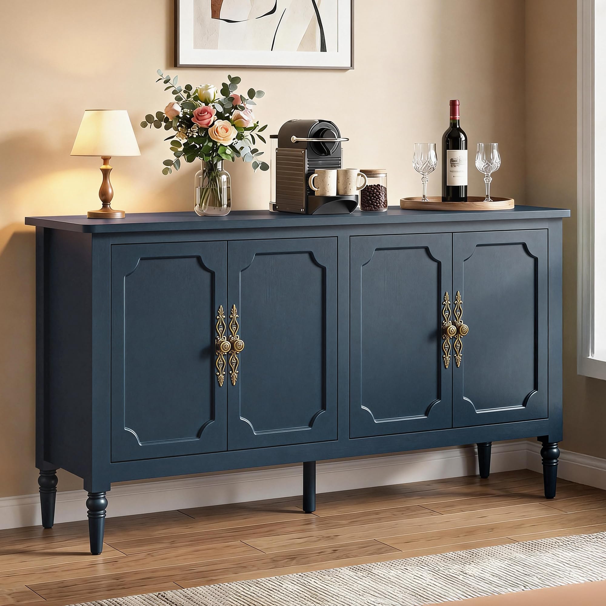 RoyalCraft Buffet Cabinet with Storage, 59" Vintage Sideboard with Adjustable Shelves, Mid Century Modern Painted Credenza Coffee Bar for Kitchen, Dining Room, Entryway, Living Room, Forest Green