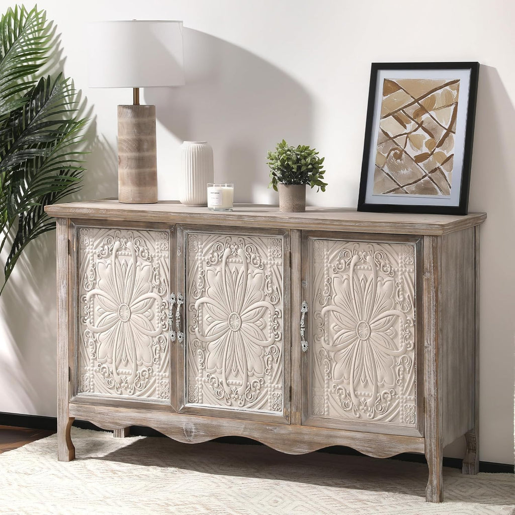 RoyalCraft Farmhouse Sideboard Buffet Cabinet with Storage, 49" Solid Wood Credenza Buffet Table Coffee Bar Wine Bar Storage Cabinet with 3 Doors for Dining Room Living Room Hallway, (Provence Gray)