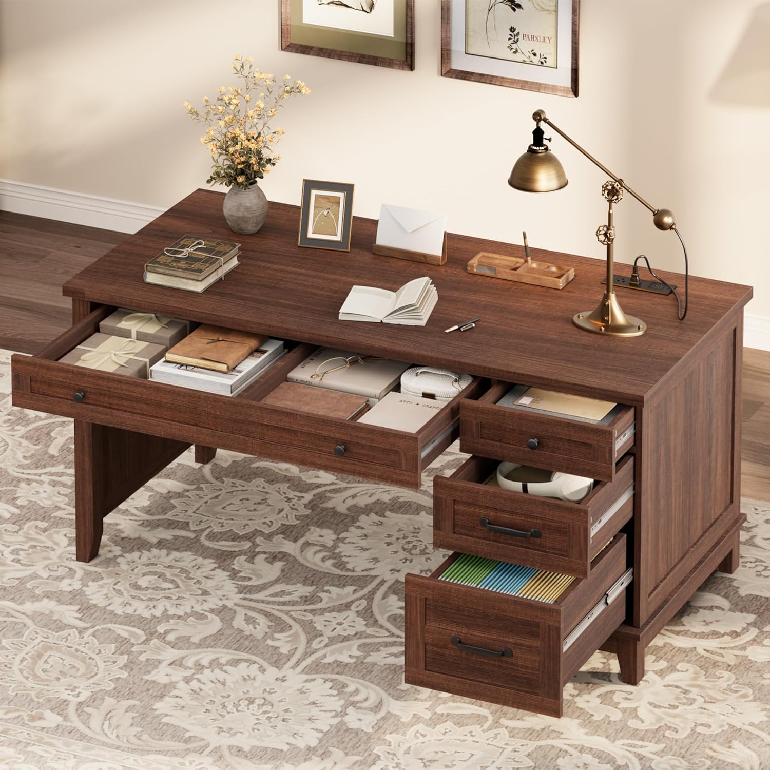 IDEALHOUSE 53.5" Farmhouse Computer Desk with Charging Station, Rustic Black Home Office Executive Desk, Wooden Workstation with File Cabinet Storage Drawers for Writing & Study, Rustic Brown