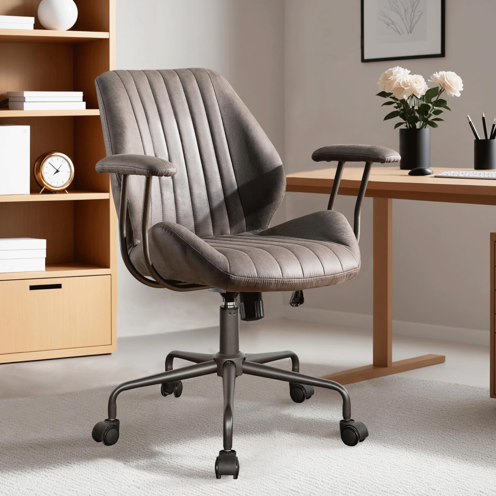 ovios Ergonomic Office Chair, Mid Back Faux Leather Executive Chairs with Armrests, Comfy Mid-Century Modern Swivel Rolling Computer Armchair (Brown, Suede Leather)