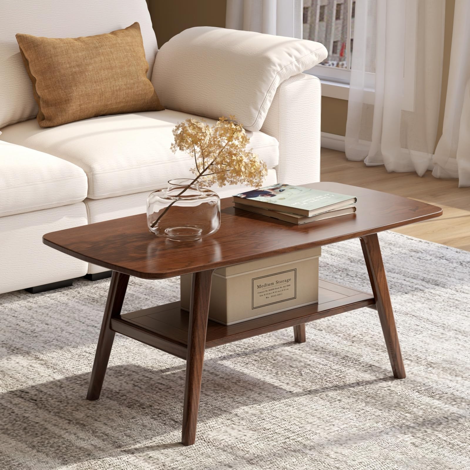 31.49" Solid Oak 2-Tier Walnut Mid Century Modern Coffee Table with Storage Shelf for Living Room