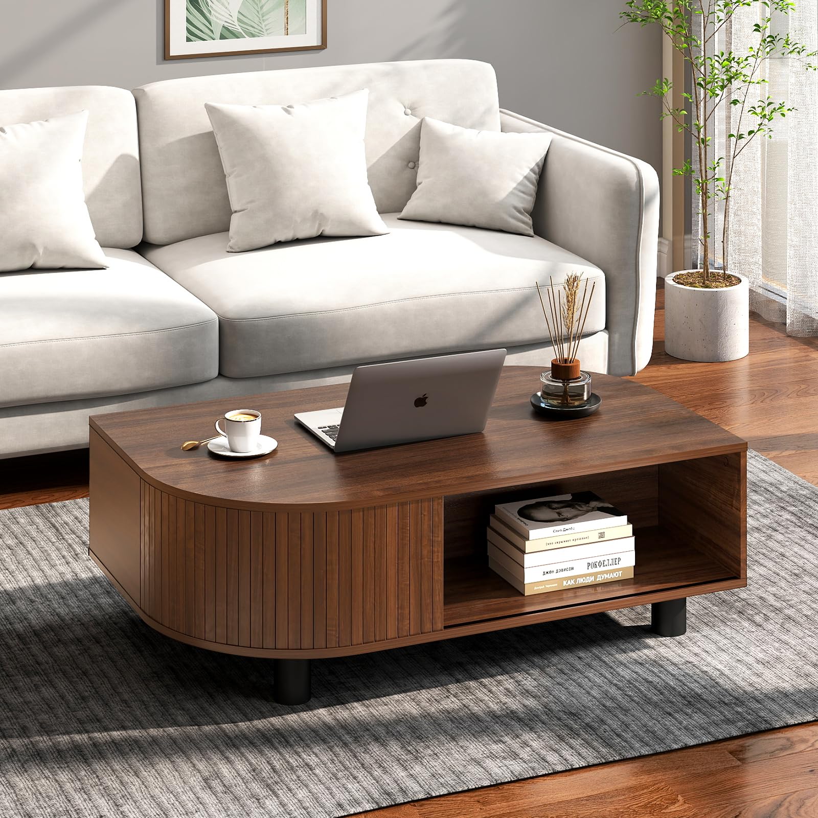 Mid-Century Modern 39.4" Coffee Table - Leaf-Shaped Wood Center Table with Storage, Retro Fluted Central Table with Sliding Door for Living Room, Office, Walnut