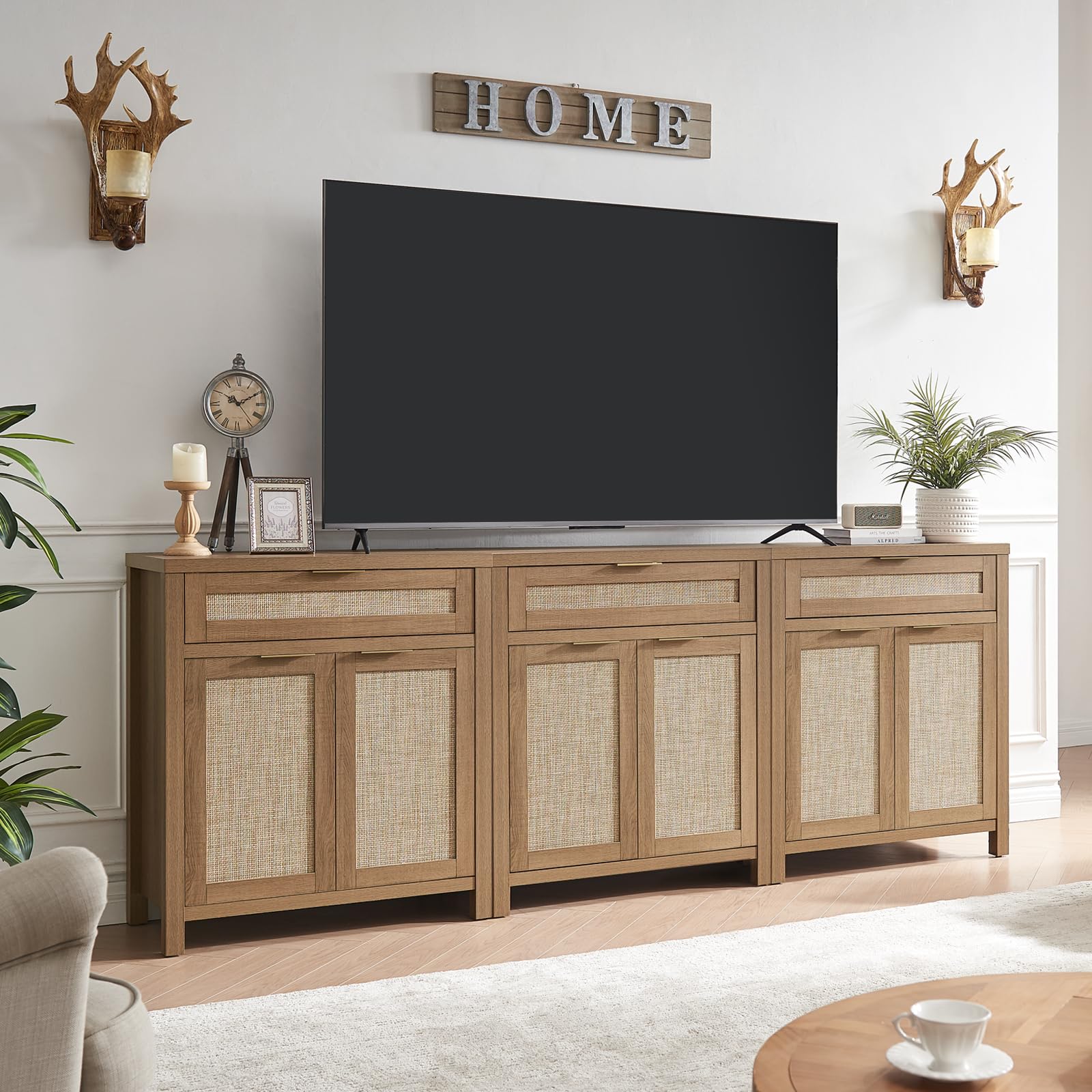 HOKYHOKY 63" Rattan Sideboard Buffet Cabinet, Boho Storage Cabinet with Adjustable Shelves, Farmhouse Credenza Coffee Bar Cabinets with 4 Doors & 3 Drawers for Living Room, Hallway & Kitchen