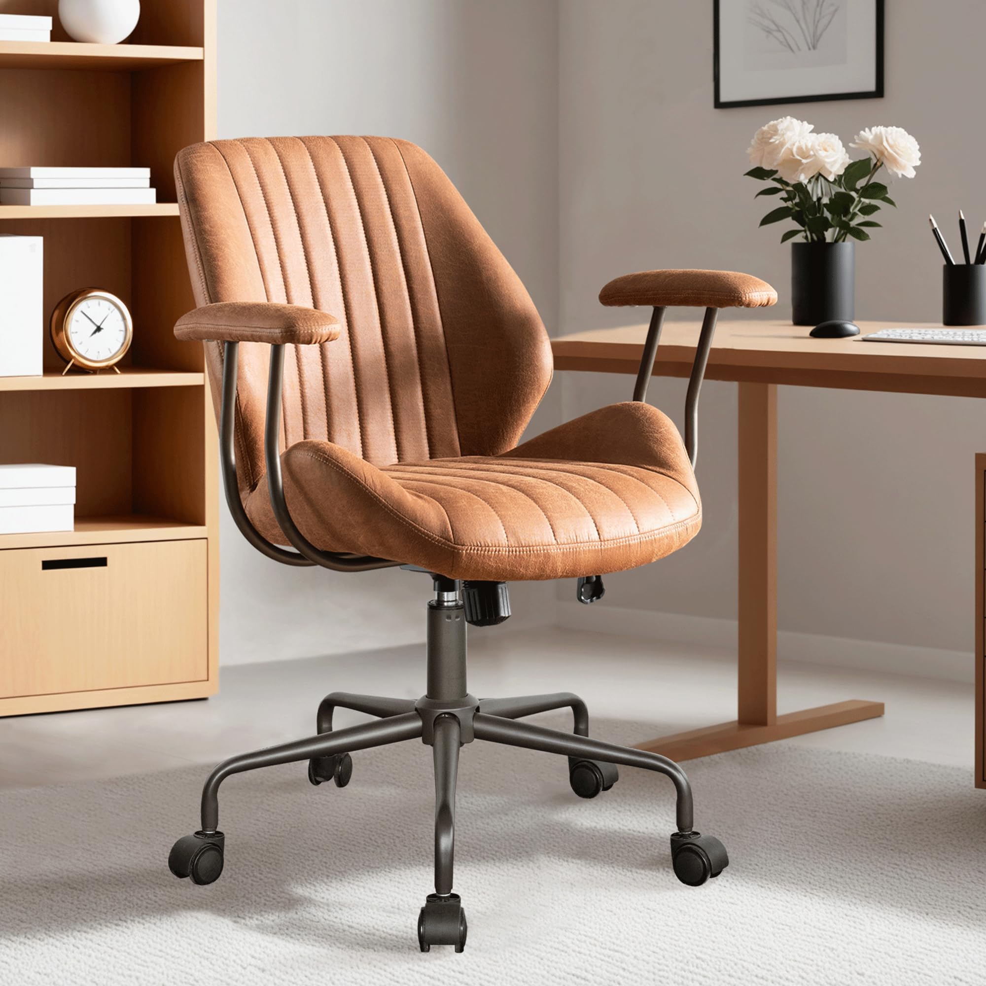 ovios Ergonomic Office Chair, Mid Back Faux Leather Executive Chairs with Armrests, Comfy Mid-Century Modern Swivel Rolling Computer Armchair (Brown, Suede Leather)