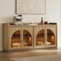 SICOTAS Sideboard Buffet Cabinet with Storage and LED Lights-Farmhouse Large Credenza Storage Cabinet with Arch Glass Doors, Adjustable Shelves, 61.7" Media Console Coffee Bar Cabinet, Grey White Oak