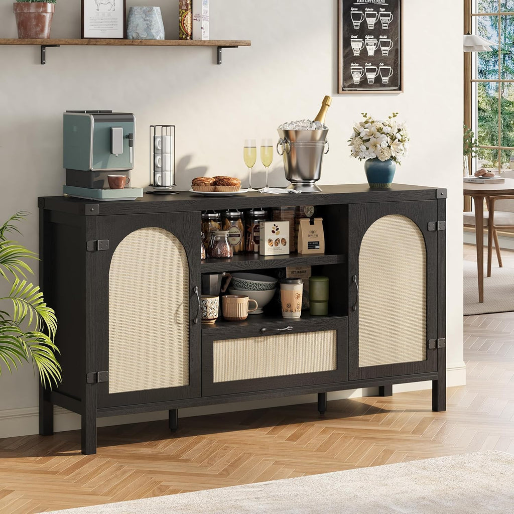 IDEALHOUSE Sideboard Buffet Cabinet with Storage, 59.1" Large Rattan Storage Cabinet with Drawers, Farmhouse Coffee Bar Cabinet for Living Room, Kitchen, Entryway, Black