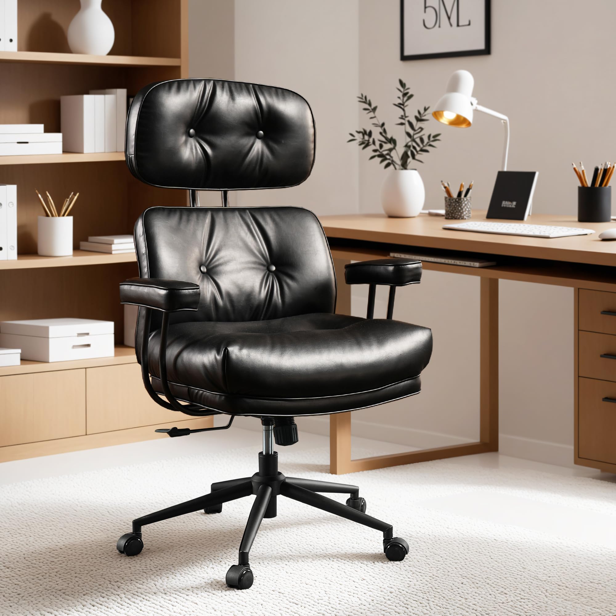 ovios Ergonomic Office Chair, Mid Back Faux Leather Executive Chairs with Armrests, Comfy Mid-Century Modern Swivel Rolling Computer Armchair (Brown, Suede Leather)