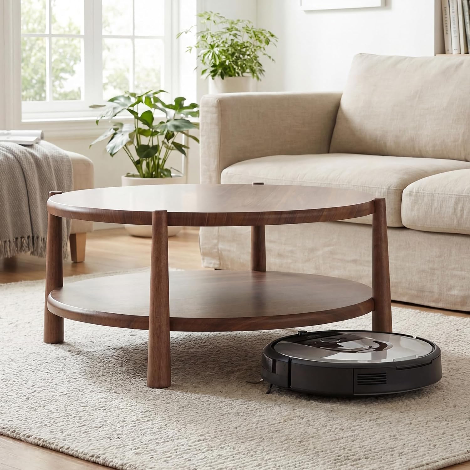 Round Coffee Table, Mid-Century Modern 2-Tier Wood Center Table with Open Storage Shelf, Farmhouse Circle Coffee Table for Living Room Office, Walnut Brown