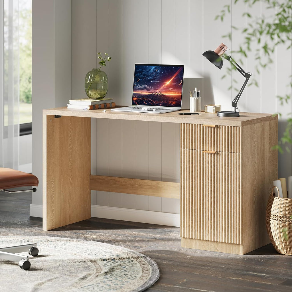 IDEALHOUSE Fluted Executive Desk with Drawers, 60" Modern Home Office Desk with Storage Cabinet, Wood Fluted Computer Desks Workstation for Working, Studying, Writing, Natural Oak