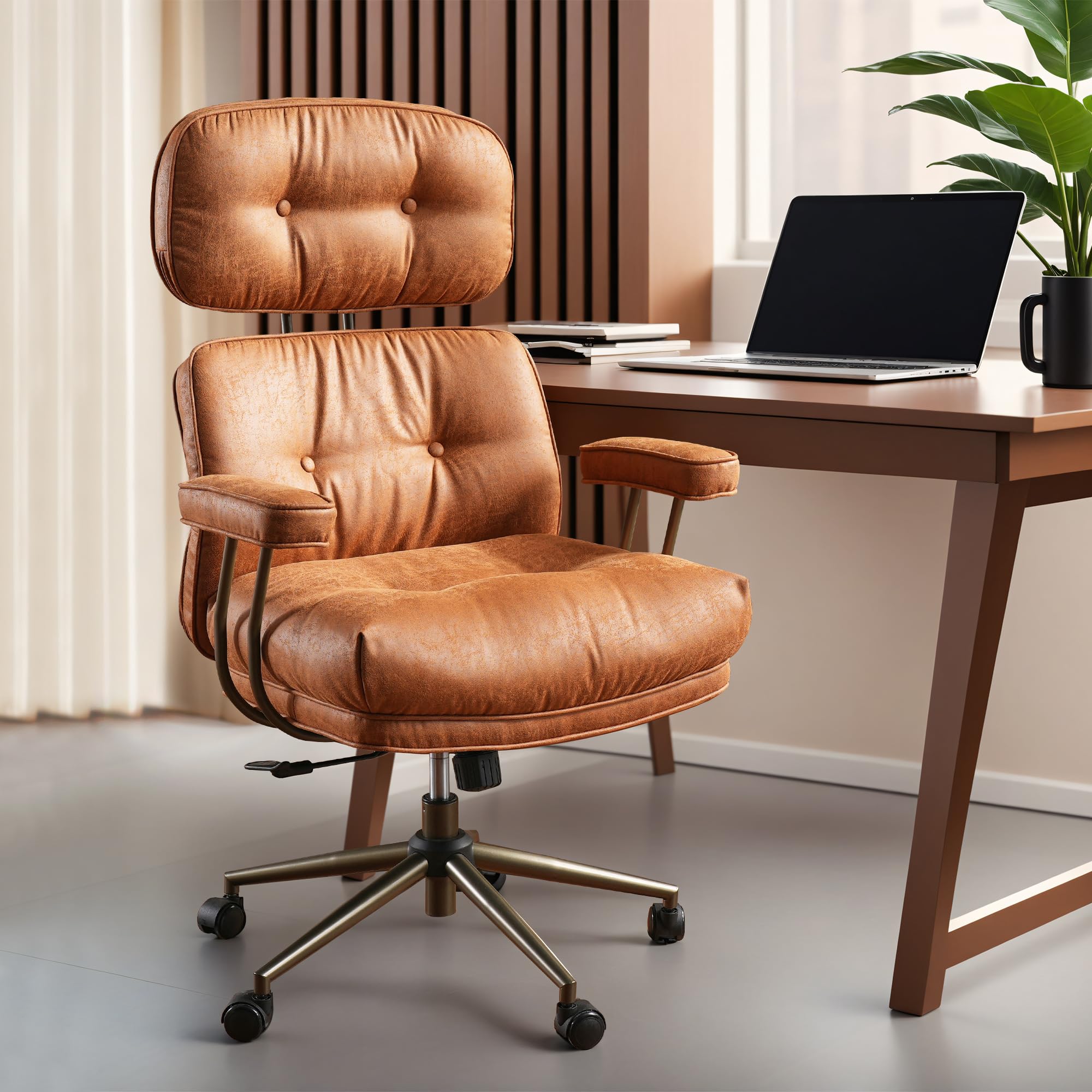 ovios Ergonomic Office Chair, Mid Back Faux Leather Executive Chairs with Armrests, Comfy Mid-Century Modern Swivel Rolling Computer Armchair (Brown, Suede Leather)