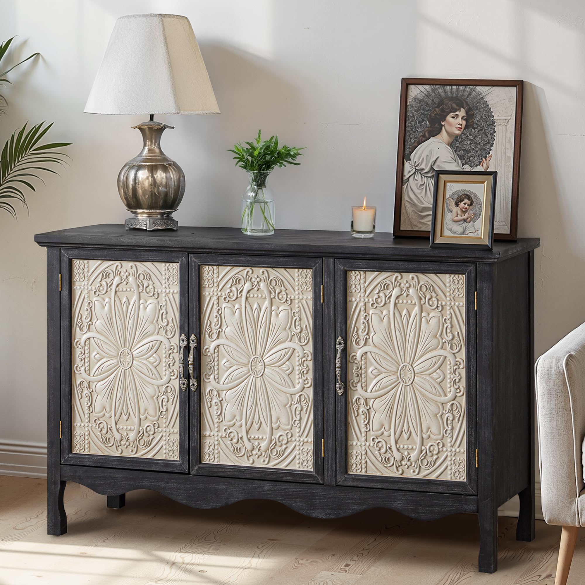 RoyalCraft Farmhouse Sideboard Buffet Cabinet with Storage, 49" Solid Wood Credenza Buffet Table Coffee Bar Wine Bar Storage Cabinet with 3 Doors for Dining Room Living Room Hallway, (Provence Gray)
