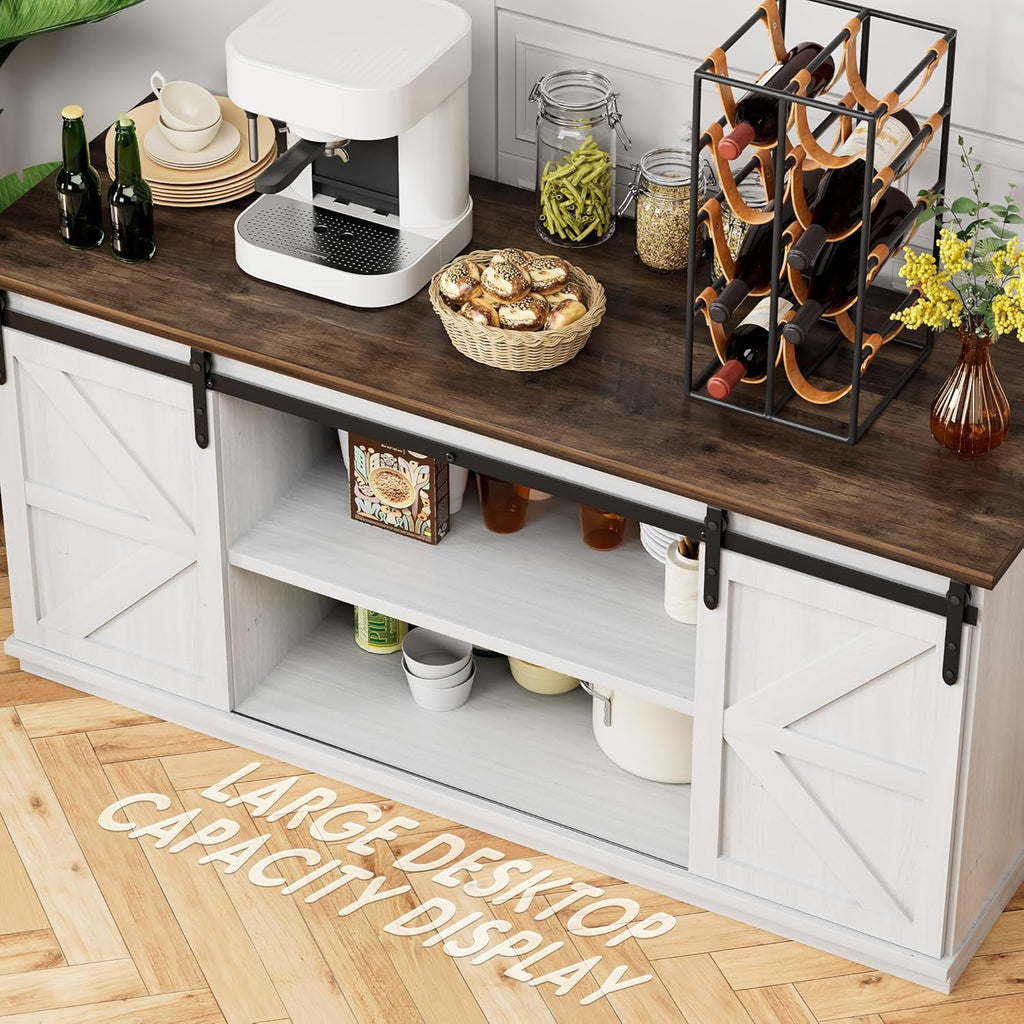 Shahoo Farmhouse Sideboard Buffet Cabinet, Coffee Bar Storage with Sliding Barn Doors, Shelf for Home Dining Room, White