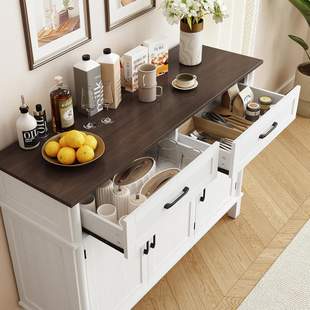 48" Off White Farmhouse Sideboard Buffet Cabinet with 2 Drawers, 3 Doors & Adjustable Shelves, Wood Storage Coffee Bar for Kitchen Living Room