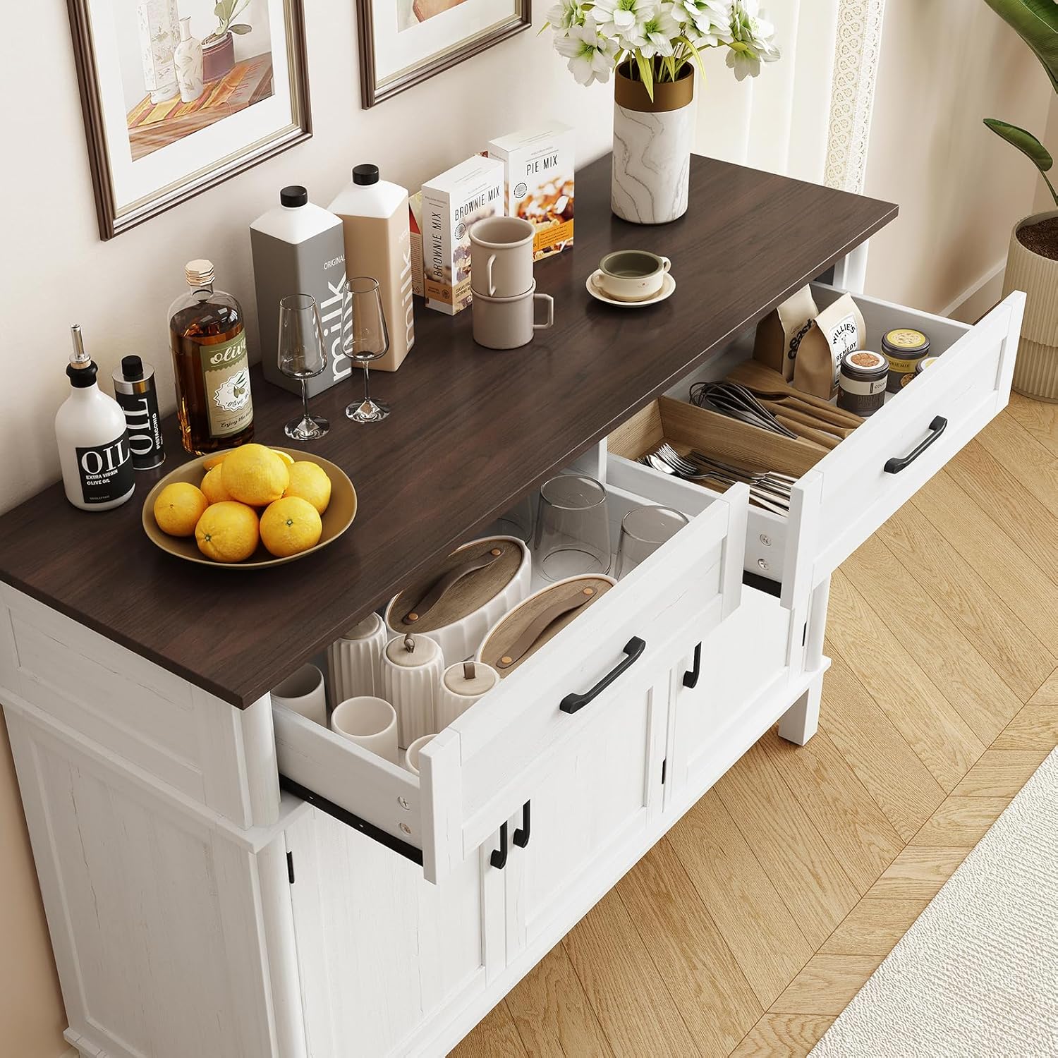 48" Off White Farmhouse Sideboard Buffet Cabinet with 2 Drawers, 3 Doors & Adjustable Shelves, Wood Storage Coffee Bar for Kitchen Living Room