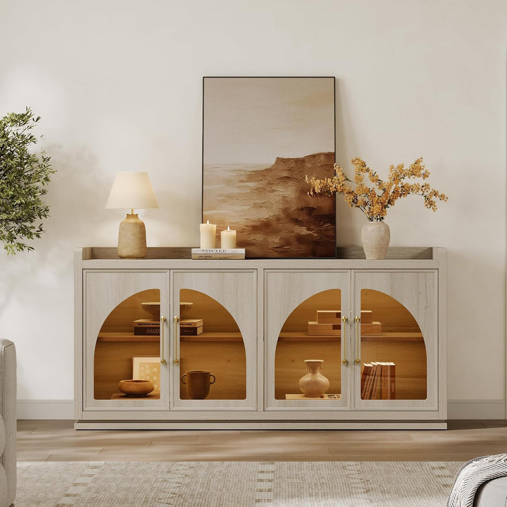 SICOTAS Sideboard Buffet Cabinet with Storage and LED Lights-Farmhouse Large Credenza Storage Cabinet with Arch Glass Doors, Adjustable Shelves, 61.7" Media Console Coffee Bar Cabinet, Grey White Oak