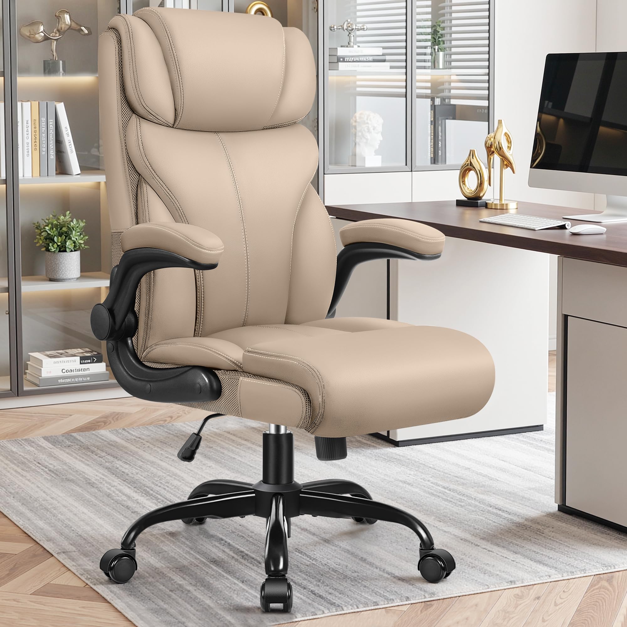 Primy Office Chair, Ergonomic Leather Desk Chair with Flip-up Armrests, Big and Tall High Back Executive Computer & Gaming Chair with Footrest, Comfy Padded, Rocking Function and Lumbar Support(Black)